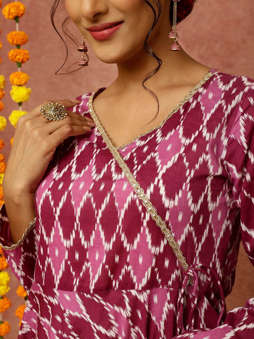 Purple Ikat Printed Angrakha Kurta