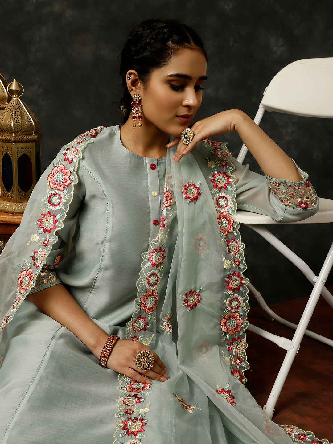 Blue Embroidered Art Silk Chanderi A-line Kurta With Pants And Dupatta