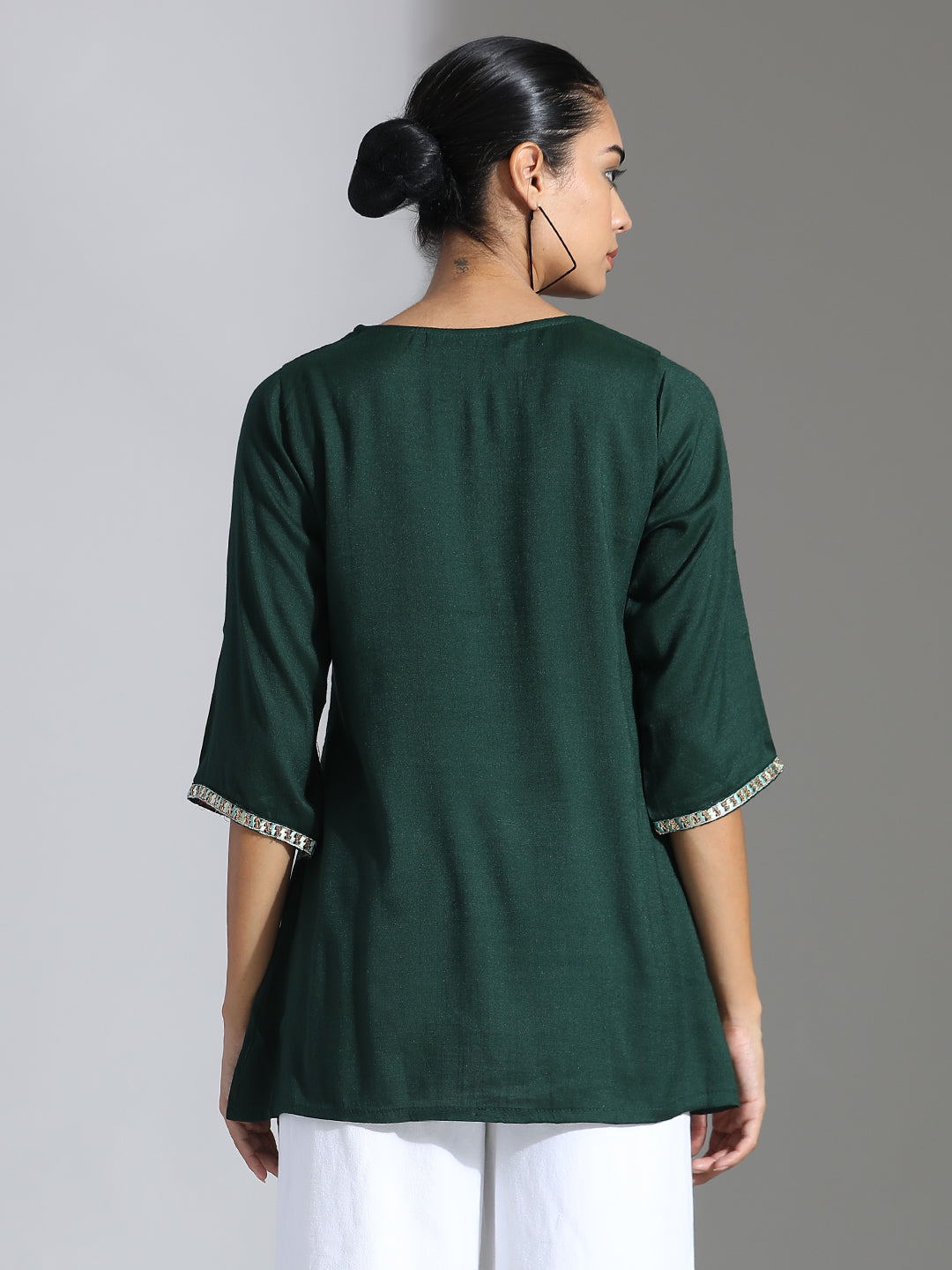 Bottle Green Embroidered Party Wear A-line Top