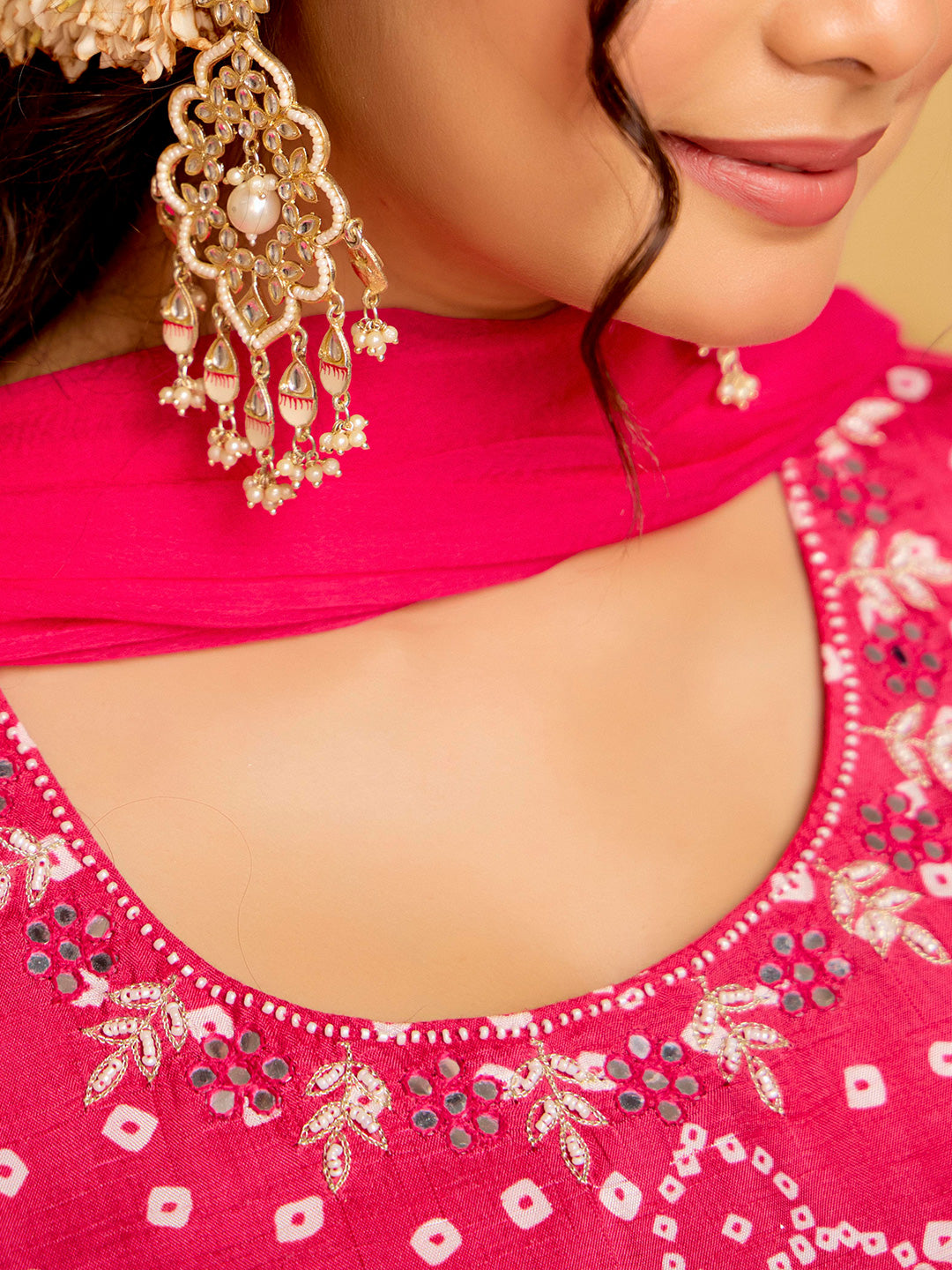 Fuchsia Bandhani Printed Festive Kurta Set With Dupatta