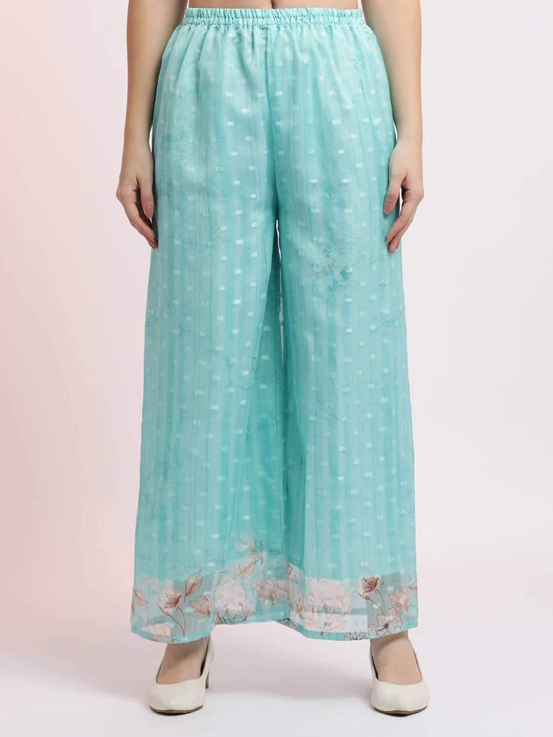 Sea Green Woven Design Organza Kurta Set With Dupatta