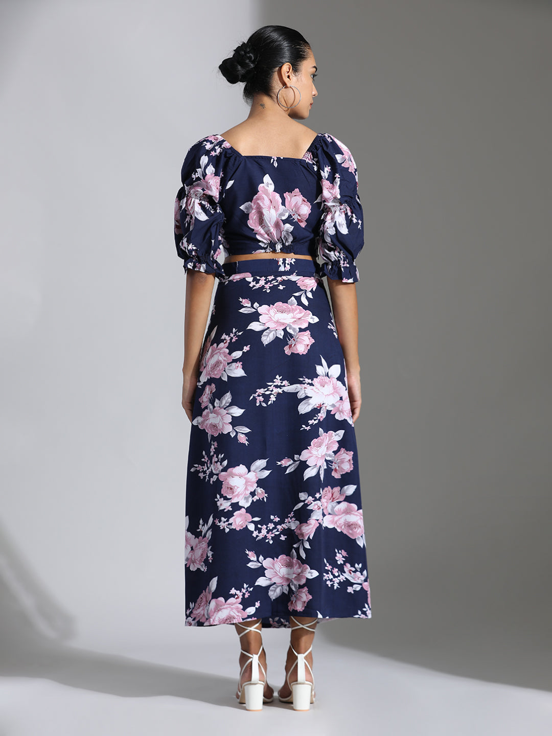 Blue Floral Printed Crop Top With Skirt Co-ord Set