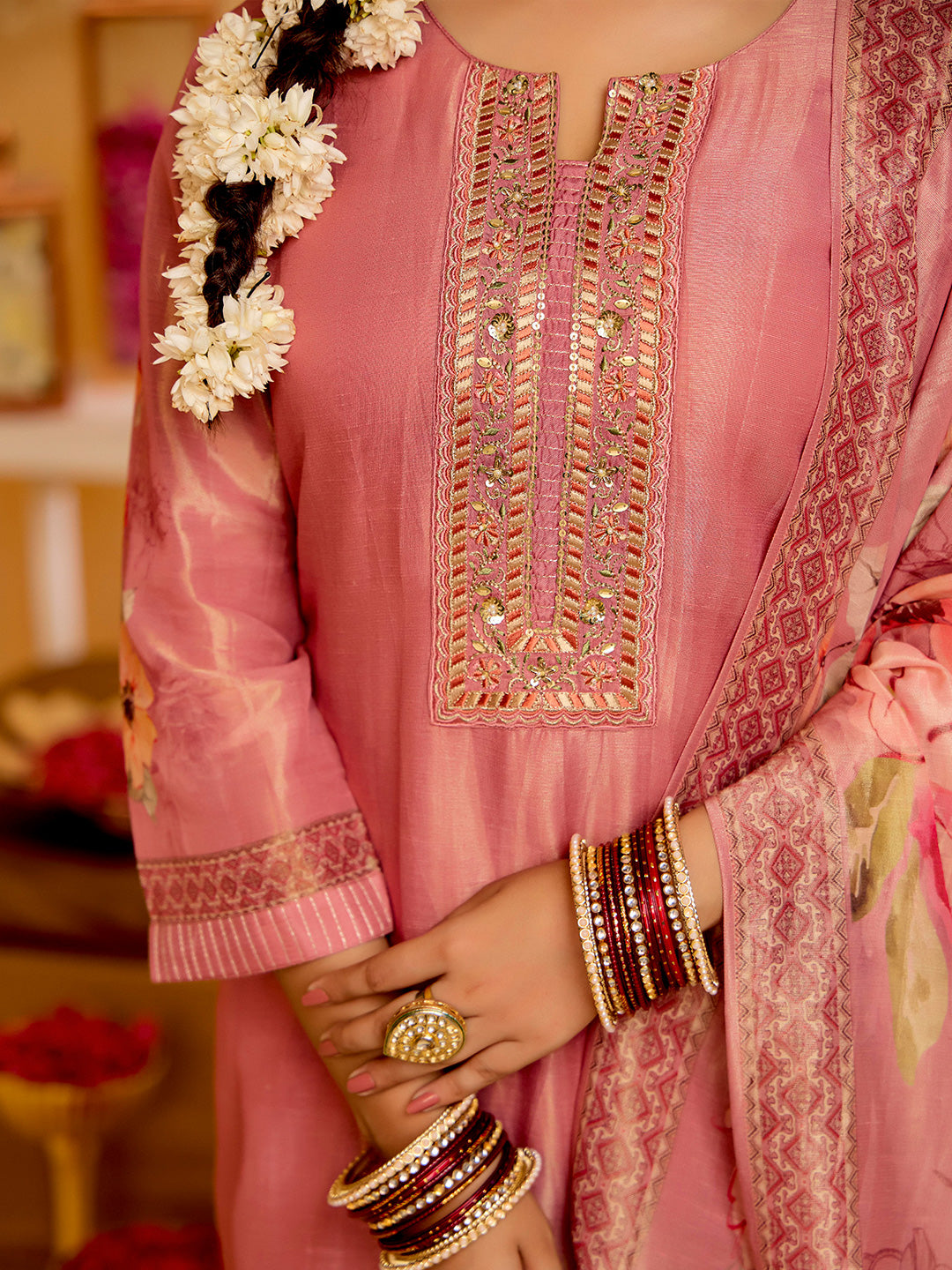 Peach Floral Printed Embroidered Kurta Set With Dupatta