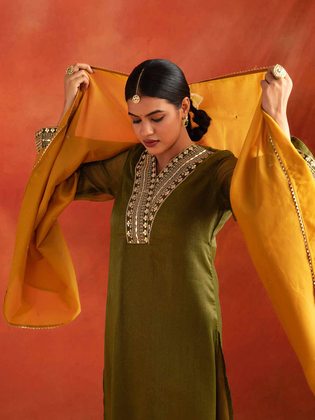 Mehendi Green Zari Work Embroidered Festive Kurta Set With Dupatta