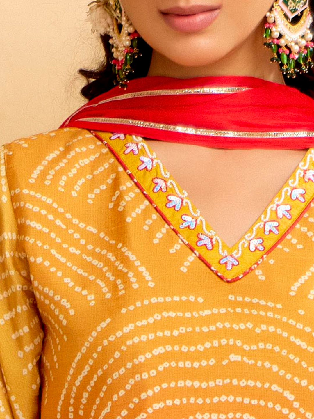 Mustard Bandhani Printed Festive Kurta Set With Dupatta