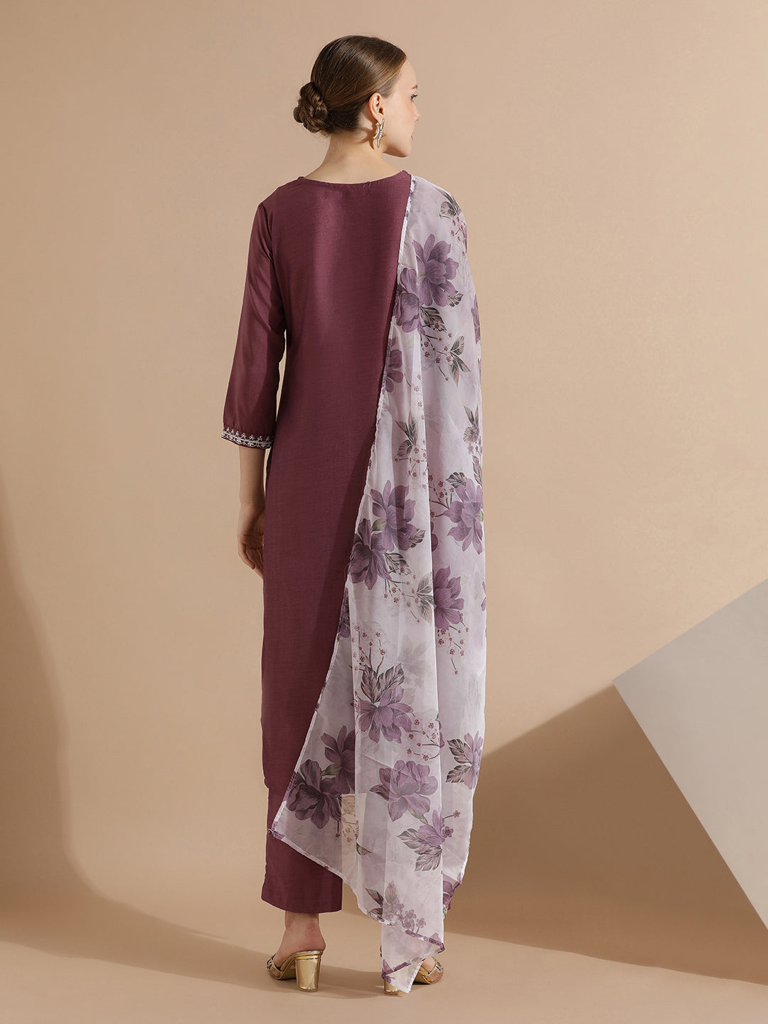Embroidered Silk Blend Kurta Set With Floral Dupatta