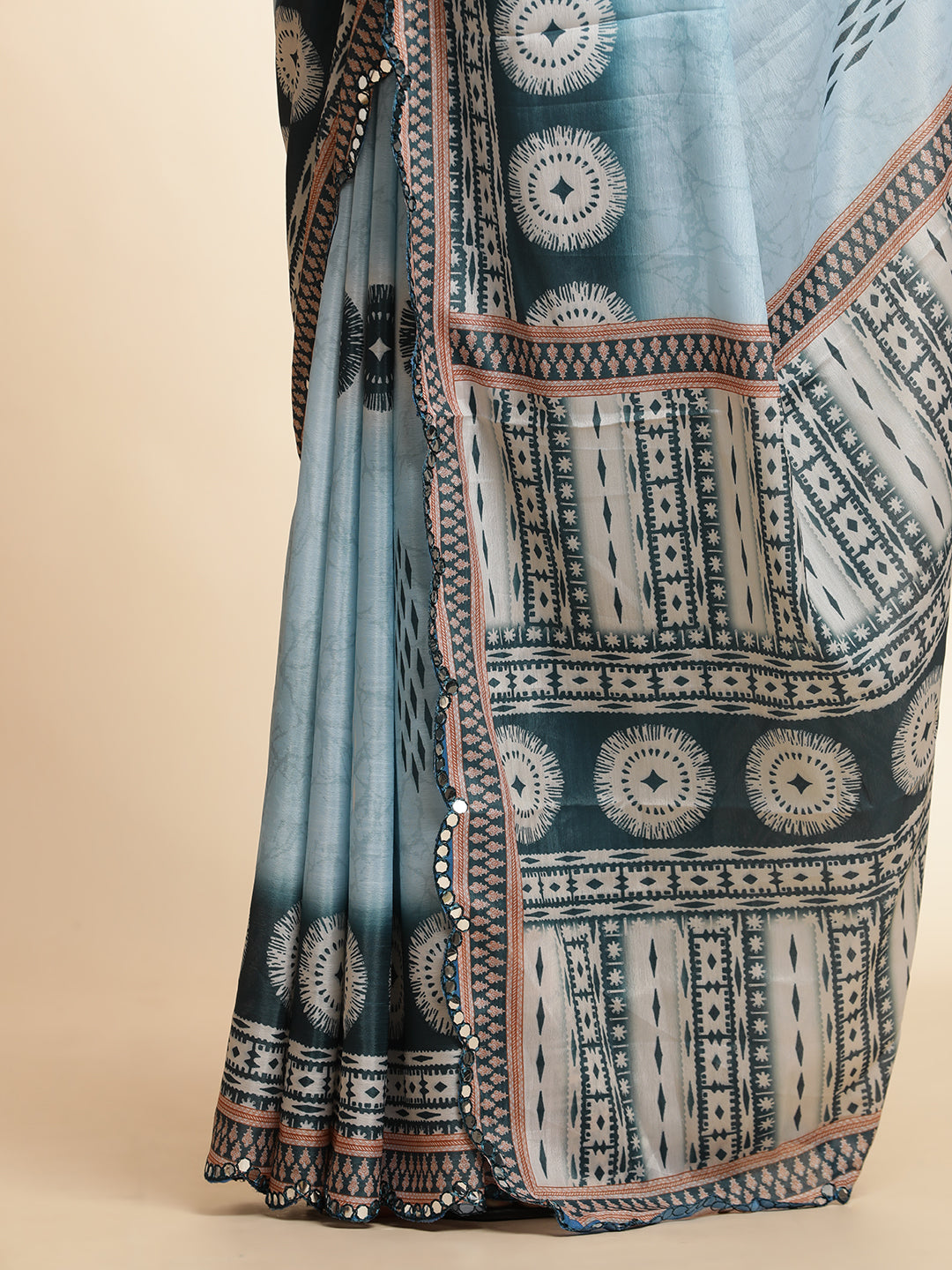 Grey Tie-Dye Printed Mirror Work Satin Saree