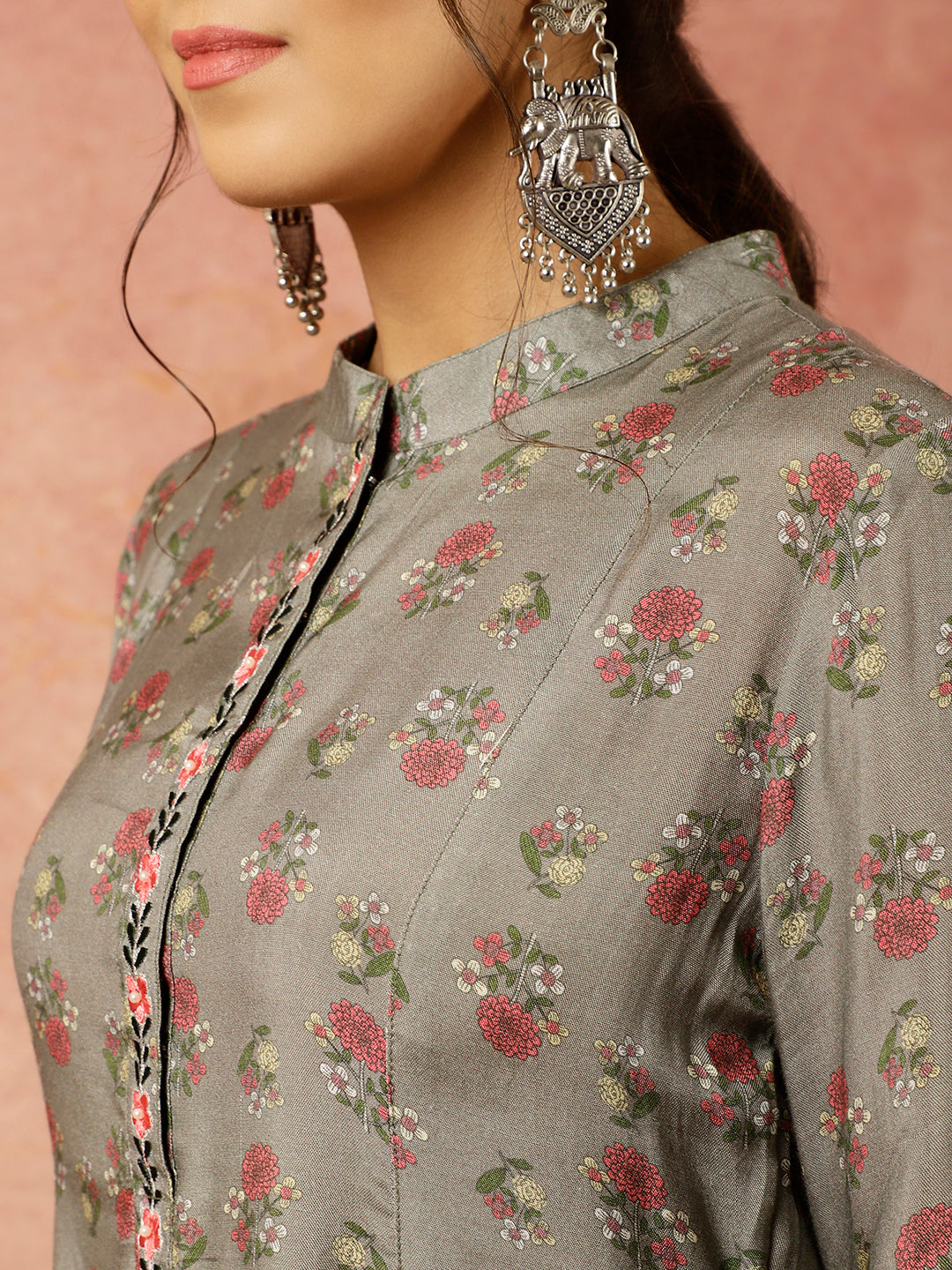 Grey Ethnic Printed Gathered Kurta With Palazzo Co-ord Set