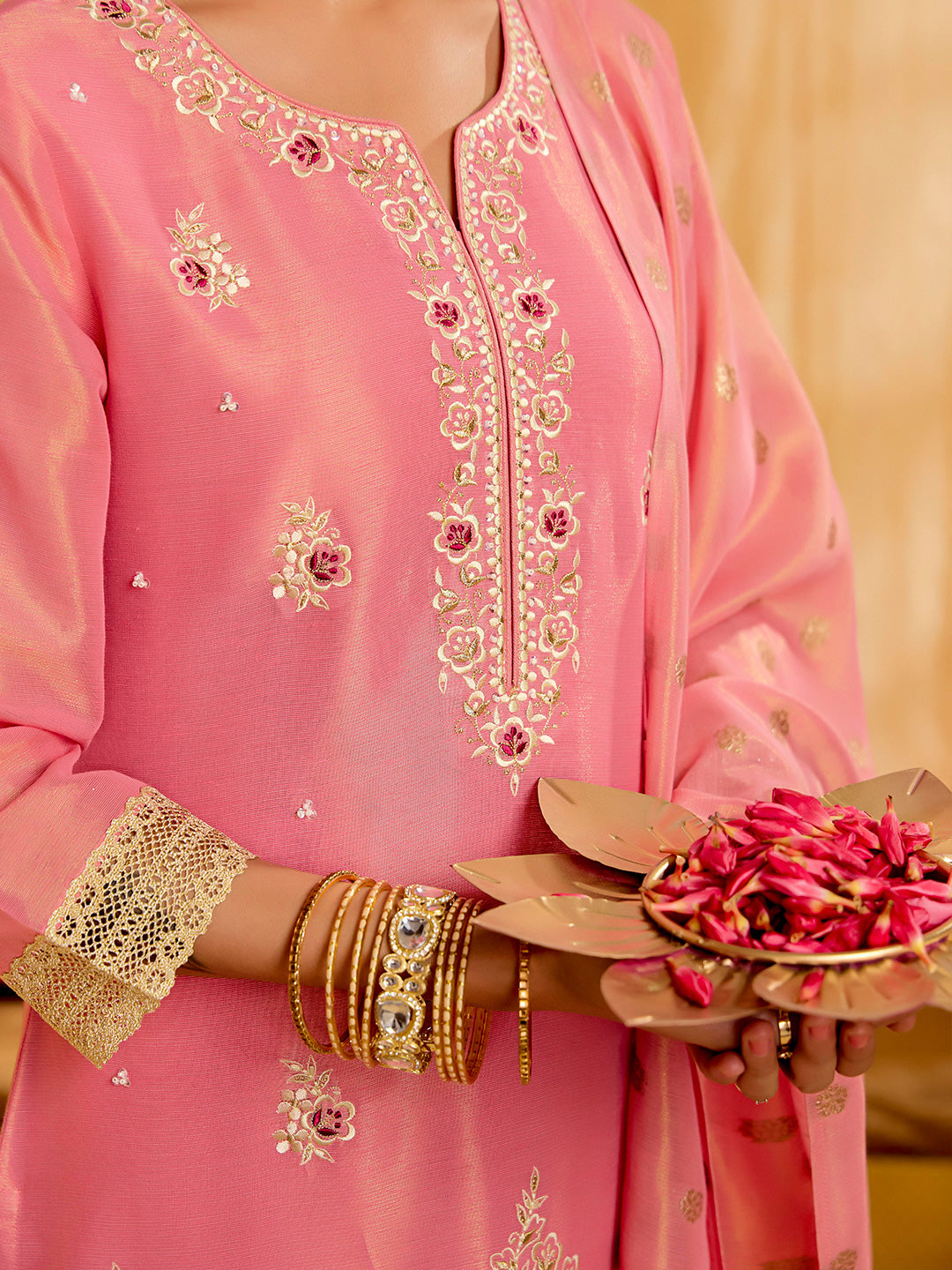 Pink Floral Zardozi Work Kurta Set With Dupatta