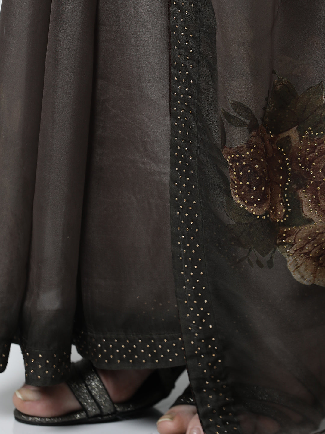 Brown Embellished Floral Printed Georgette Saree