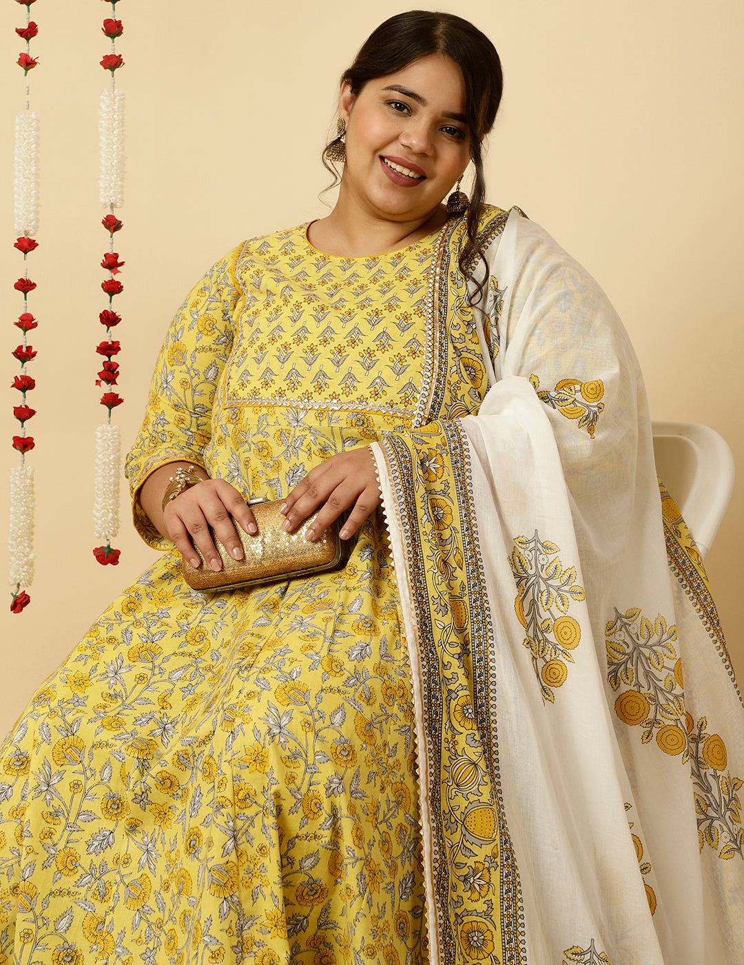 Plus Size Yellow Ethnic Print Anarkali Kurta With Pants And Dupatta