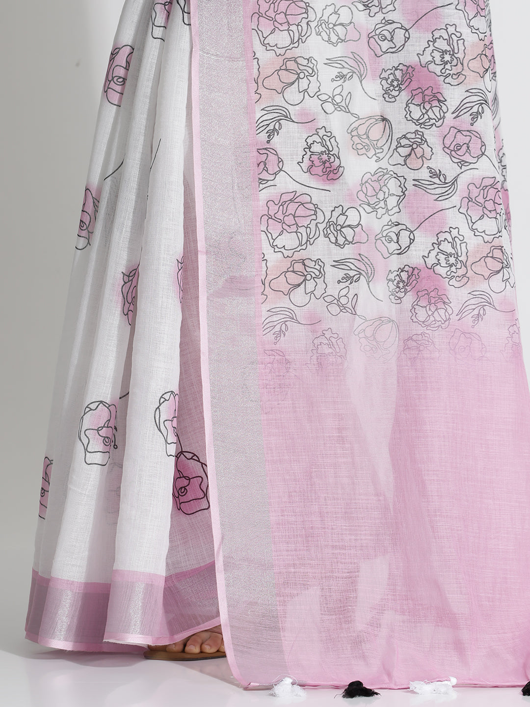 Floral Printed Daily Wear White Pure Linen Saree