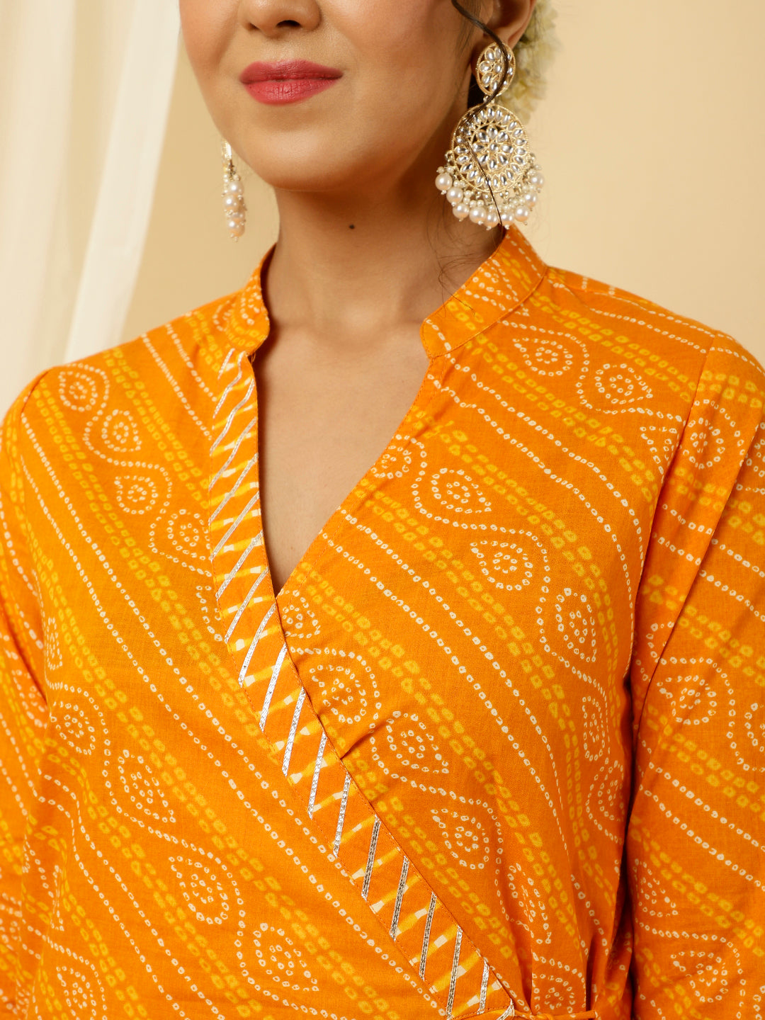 Orange Bandhani Angrakha Kurta With Leheriya Pants And Dupatta