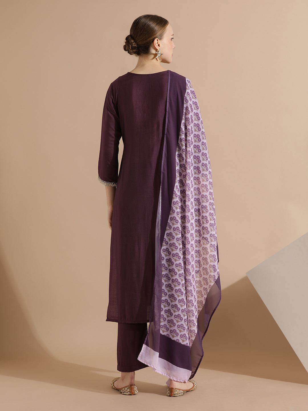 Purple Festive Embroidered Silk Blend Kurta Set With Printed Dupatta