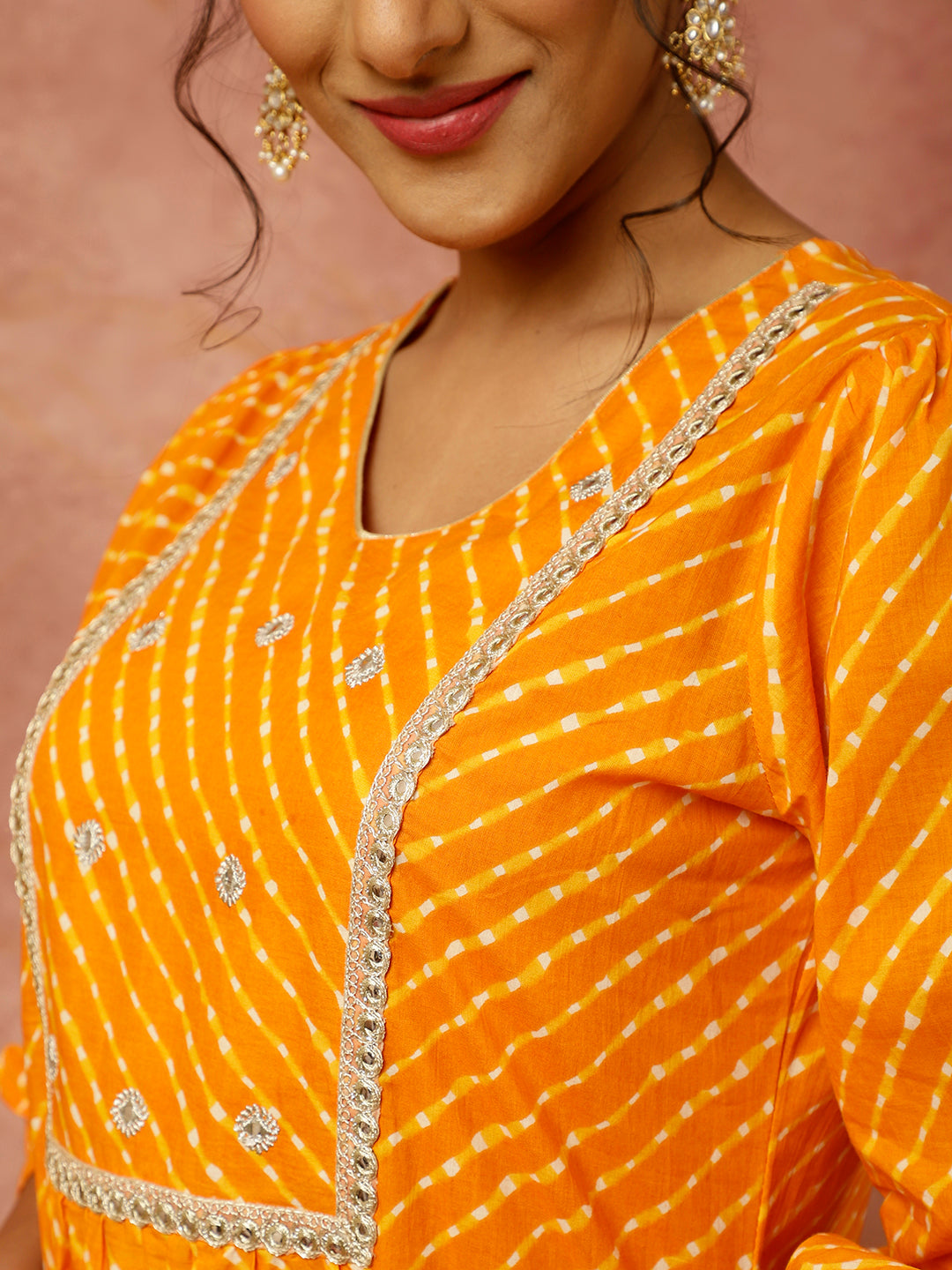 Zardozi Embroidered Orange Mothra Printed Straight Kurta