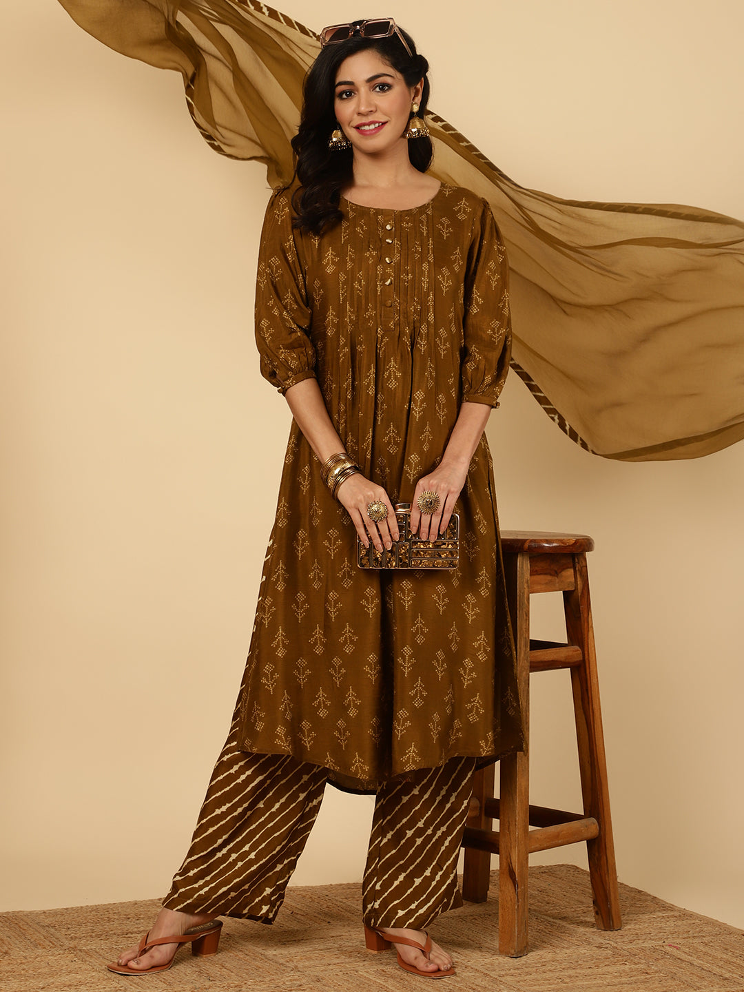 Brown Dola Silk Pleated Bandhani Kurta With Palazzo And Dupatta