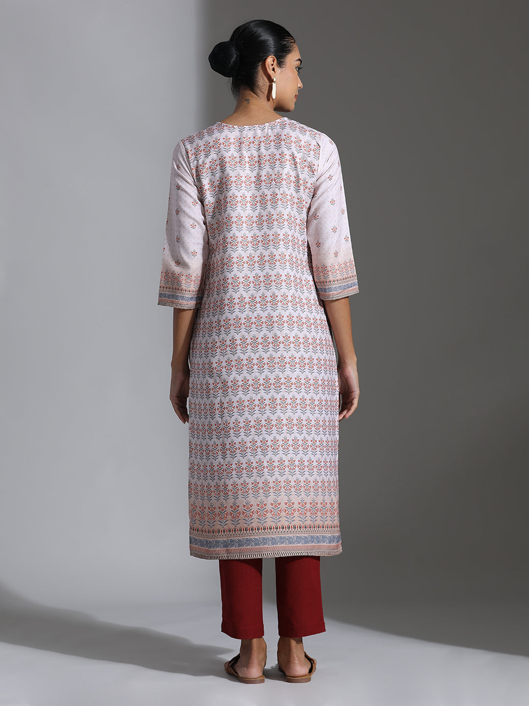 Beige Printed Poly Rayon Straight Kurta