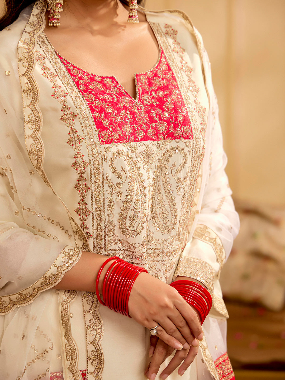 Cream & Fuchsia Zardozi Embroidered Festive Kurta Set With Dupatta