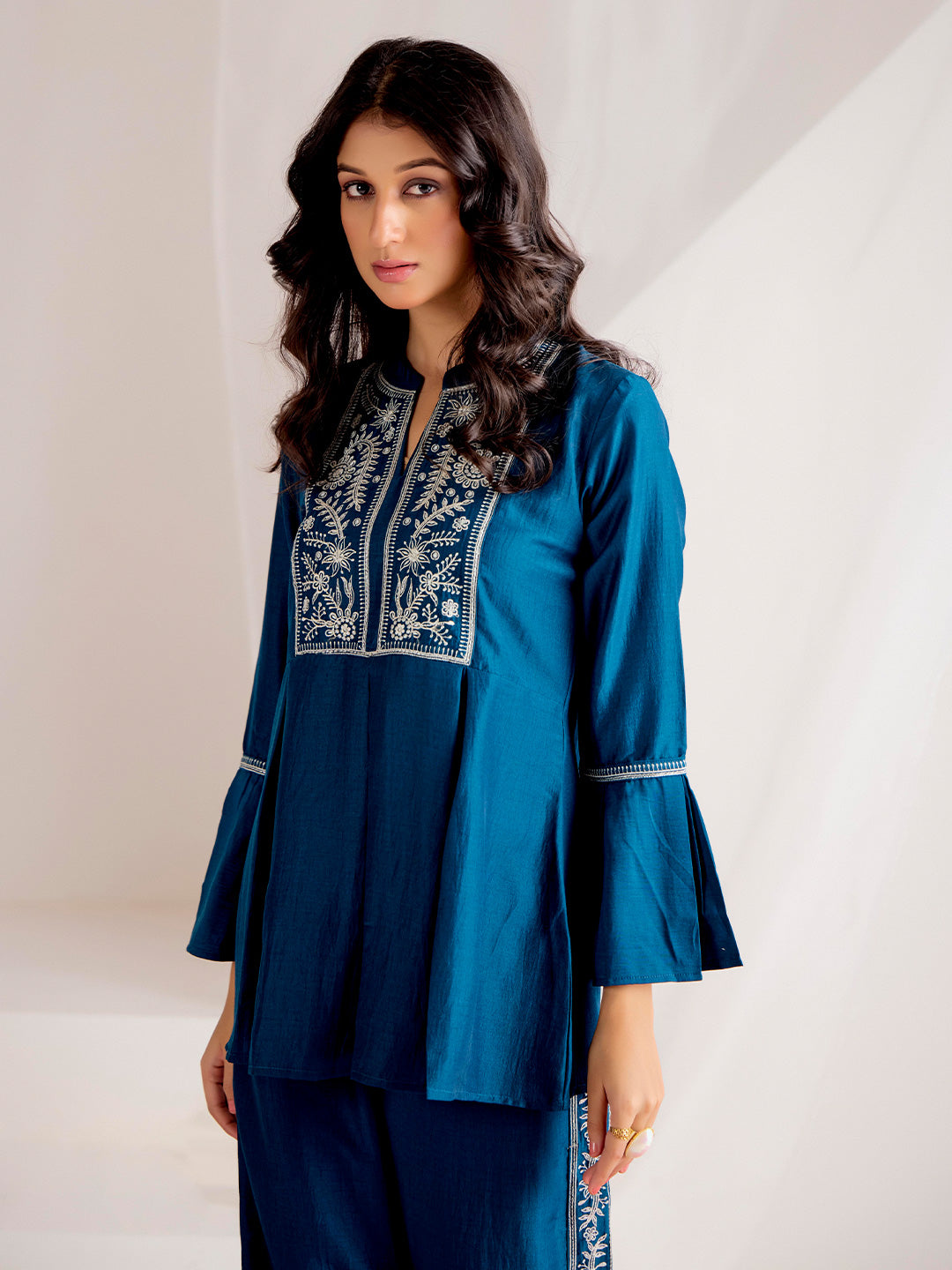 Teal Chinon Floral Embroidered Top With Trousers Co-ord Set