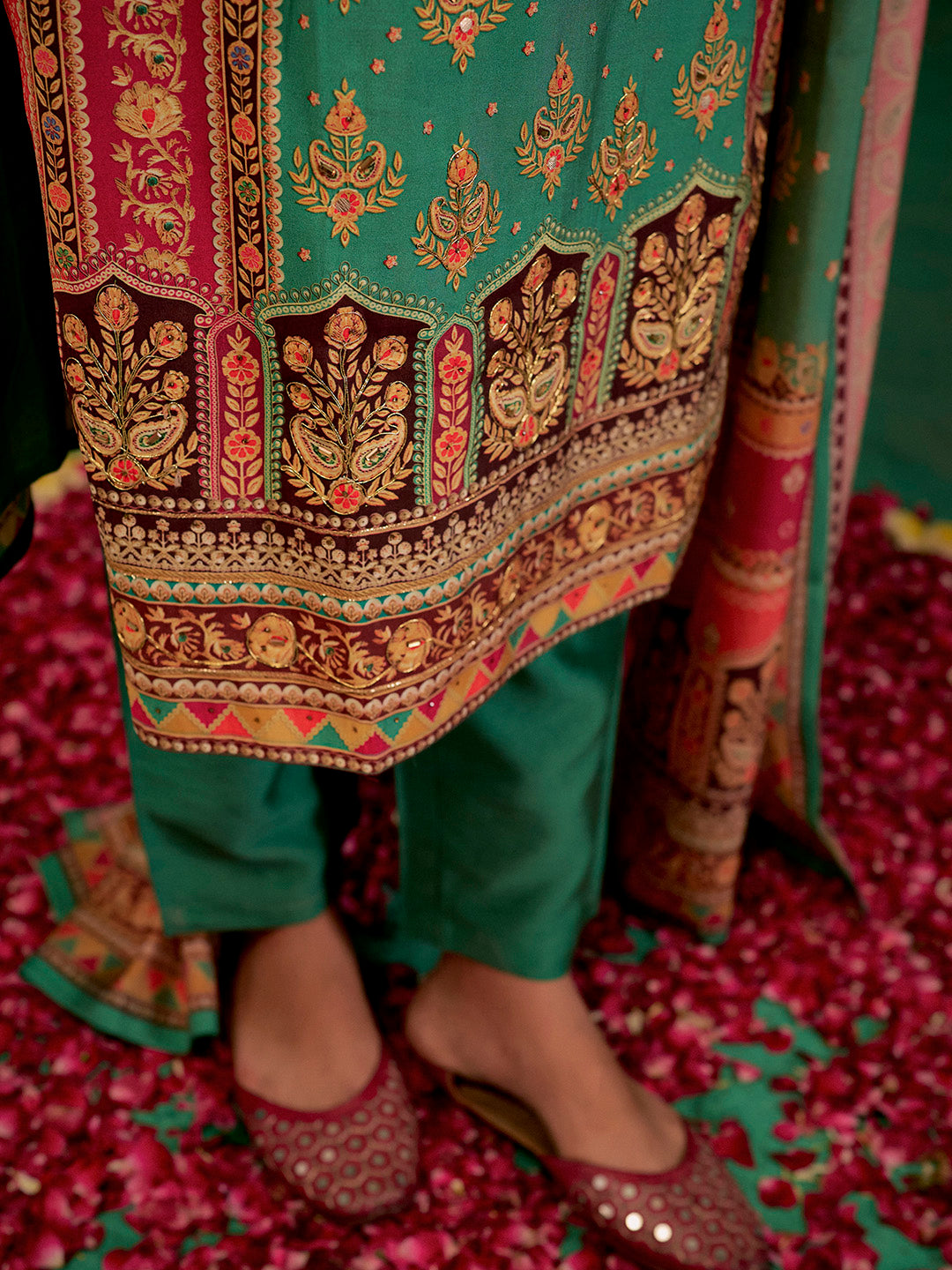 Sea Green Embellished Ethnic Printed Festive Kurta Set With Dupatta