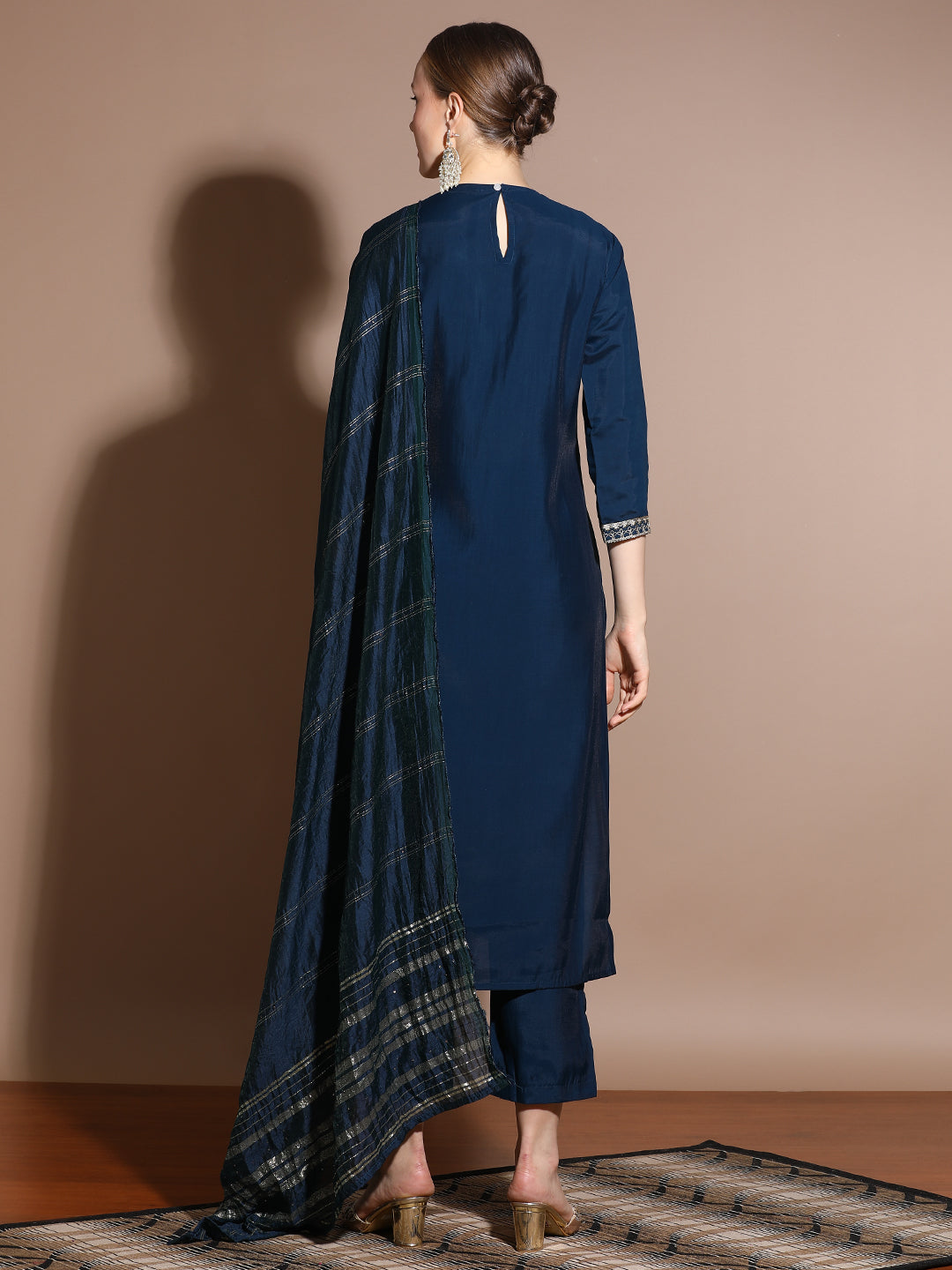 Navy Blue Festive Embroidered Kurta Set With Embellished Dupatta