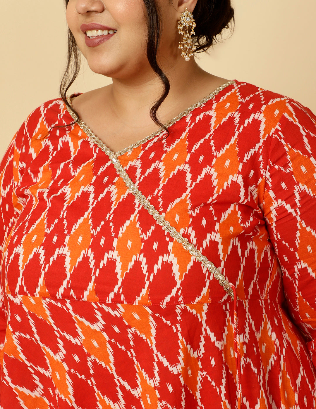 Plus Size Red Ikat Printed Angrakha Kurta