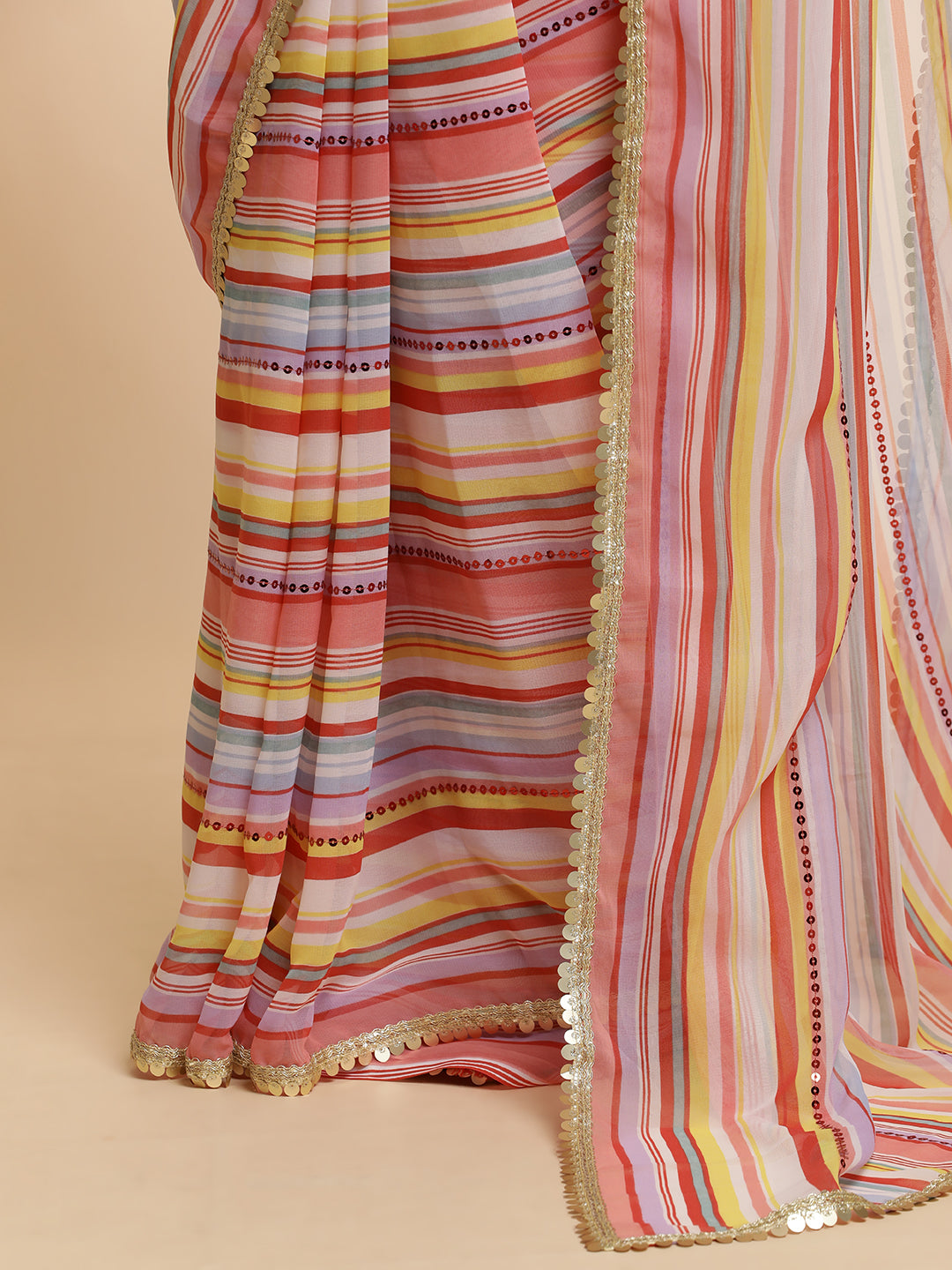 Red Striped Sequin Embellished Festive Multicolor Saree