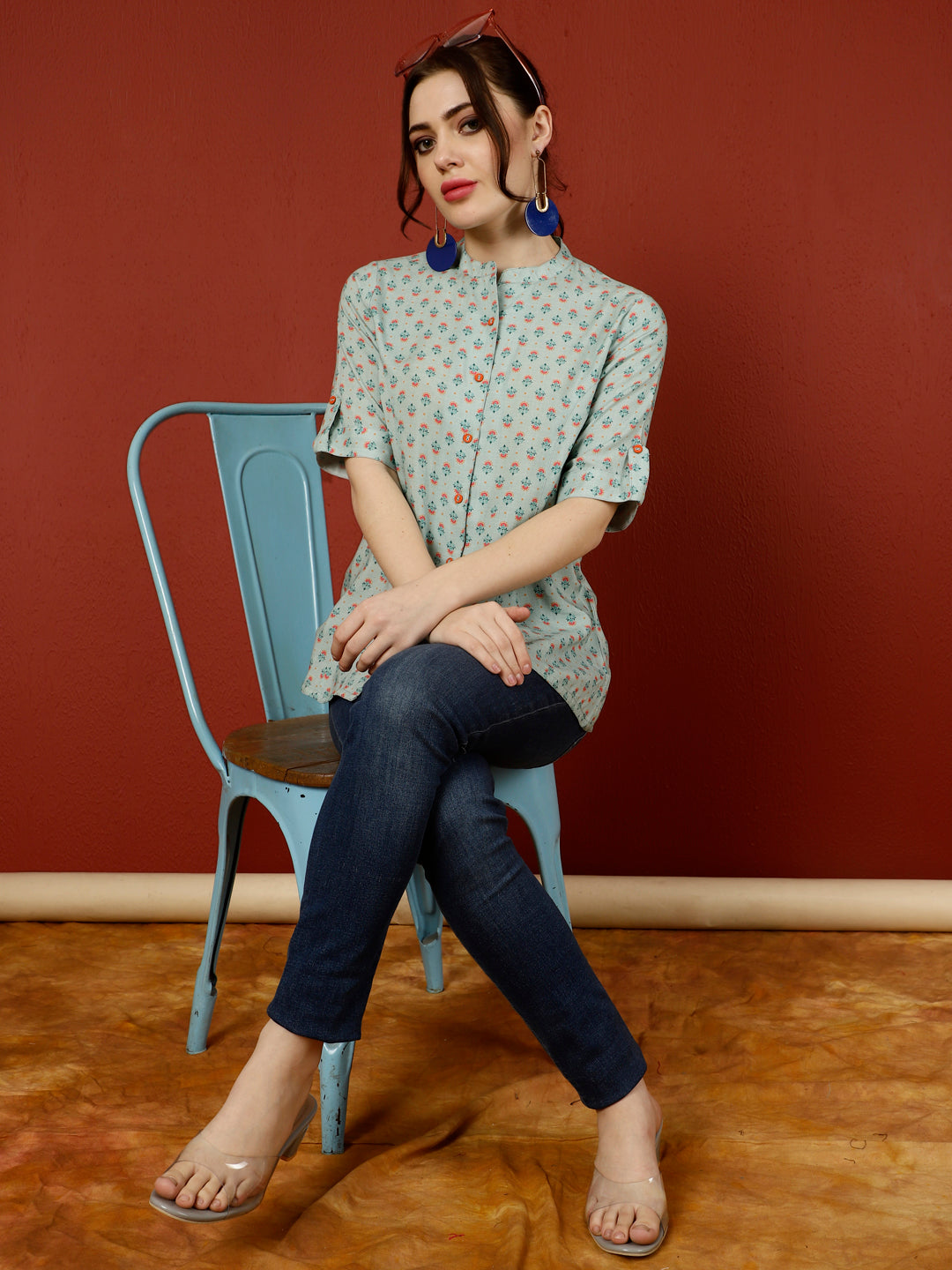 Blue Ethnic Printed Princess Cut Formal Top