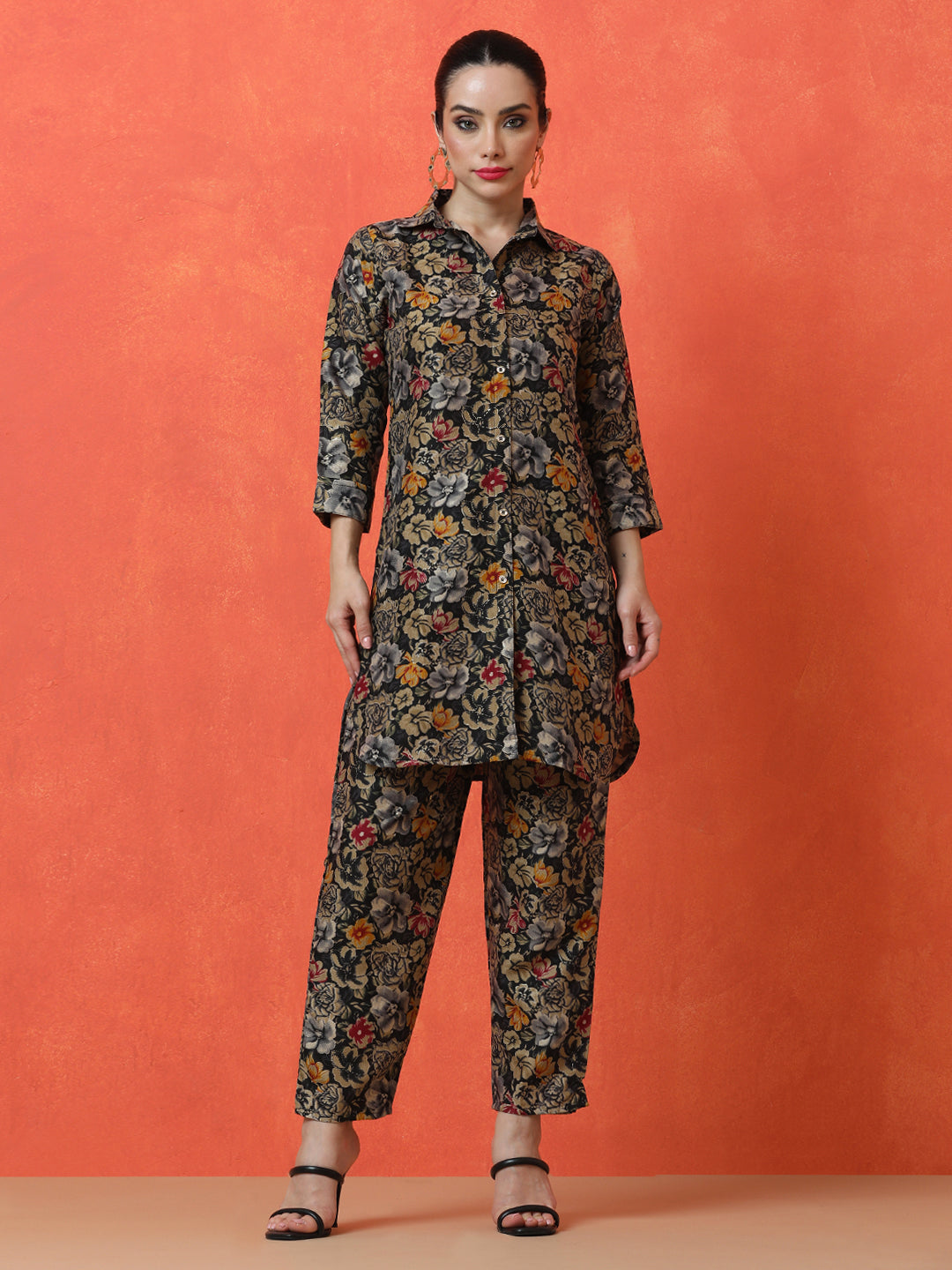 Floral Printed Straight Cotton Blend Top & Trousers Sets