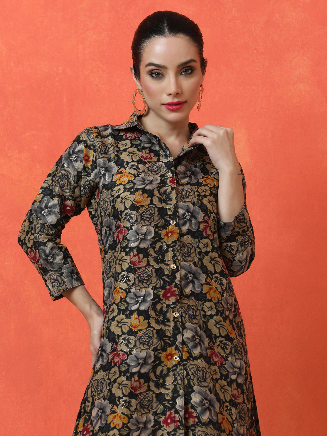 Floral Printed Straight Cotton Blend Top & Trousers Sets