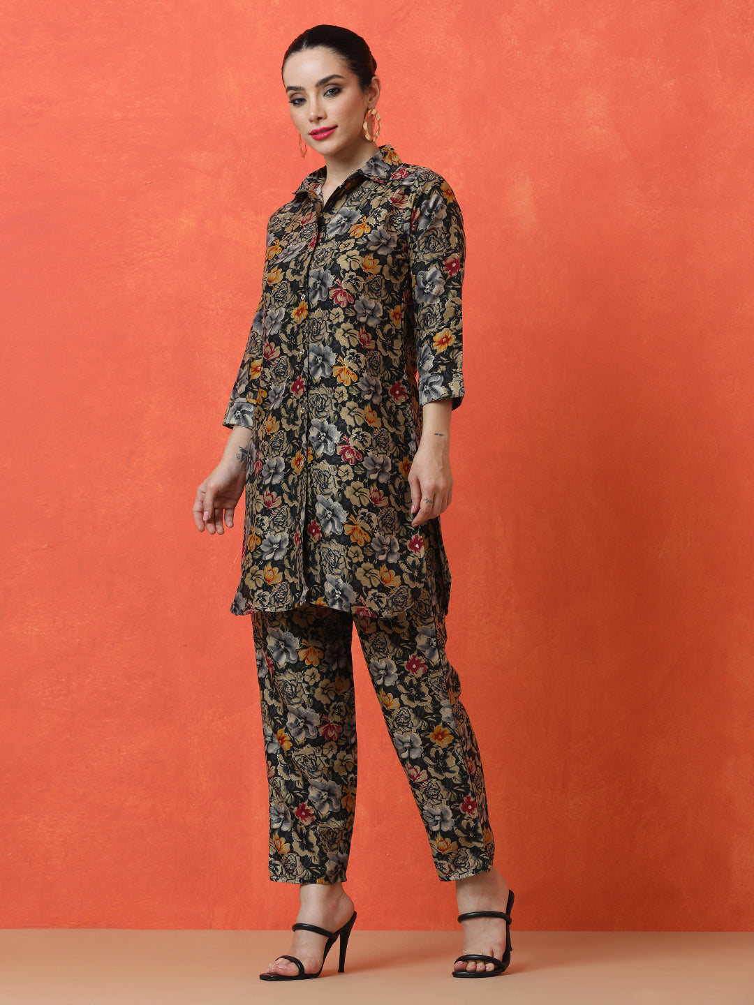 Floral Printed Straight Cotton Blend Top & Trousers Sets