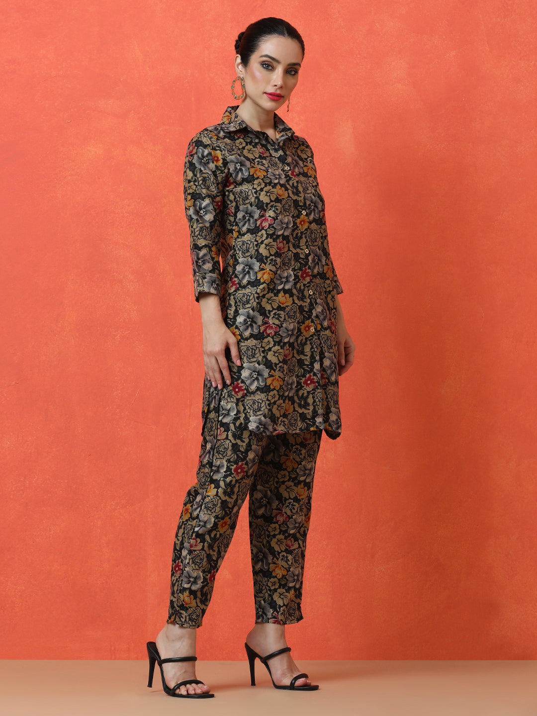 Floral Printed Straight Cotton Blend Top & Trousers Sets