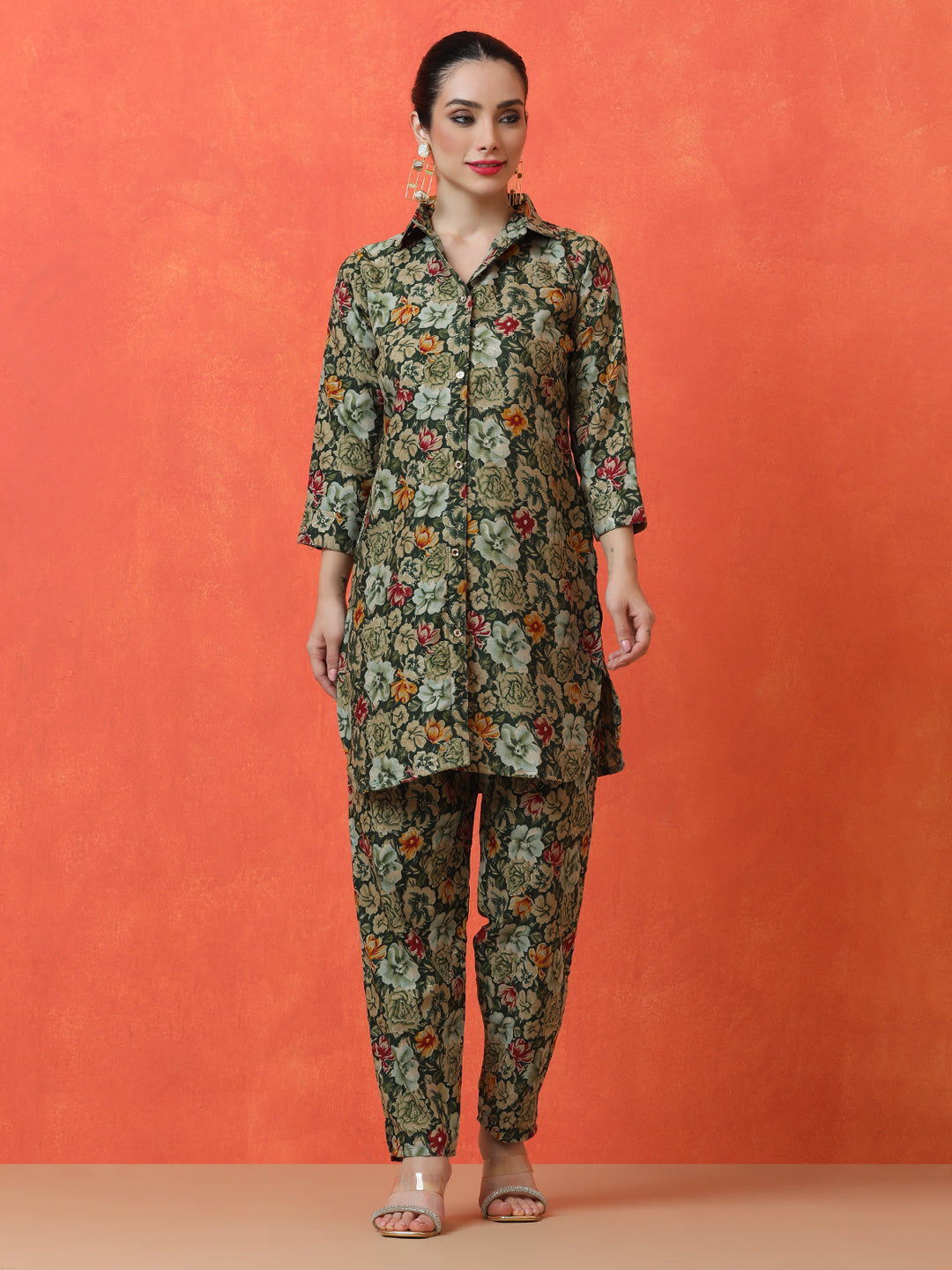 Floral Printed Straight Cotton Blend Top & Trousers Sets