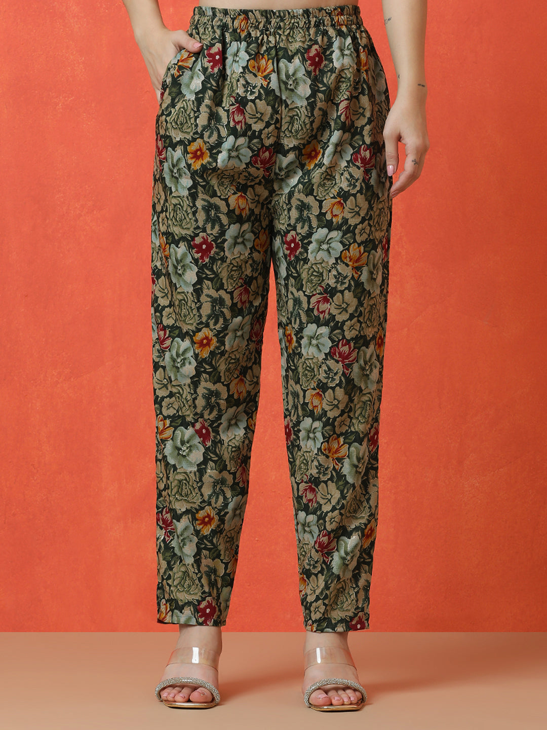 Floral Printed Straight Cotton Blend Top & Trousers Sets