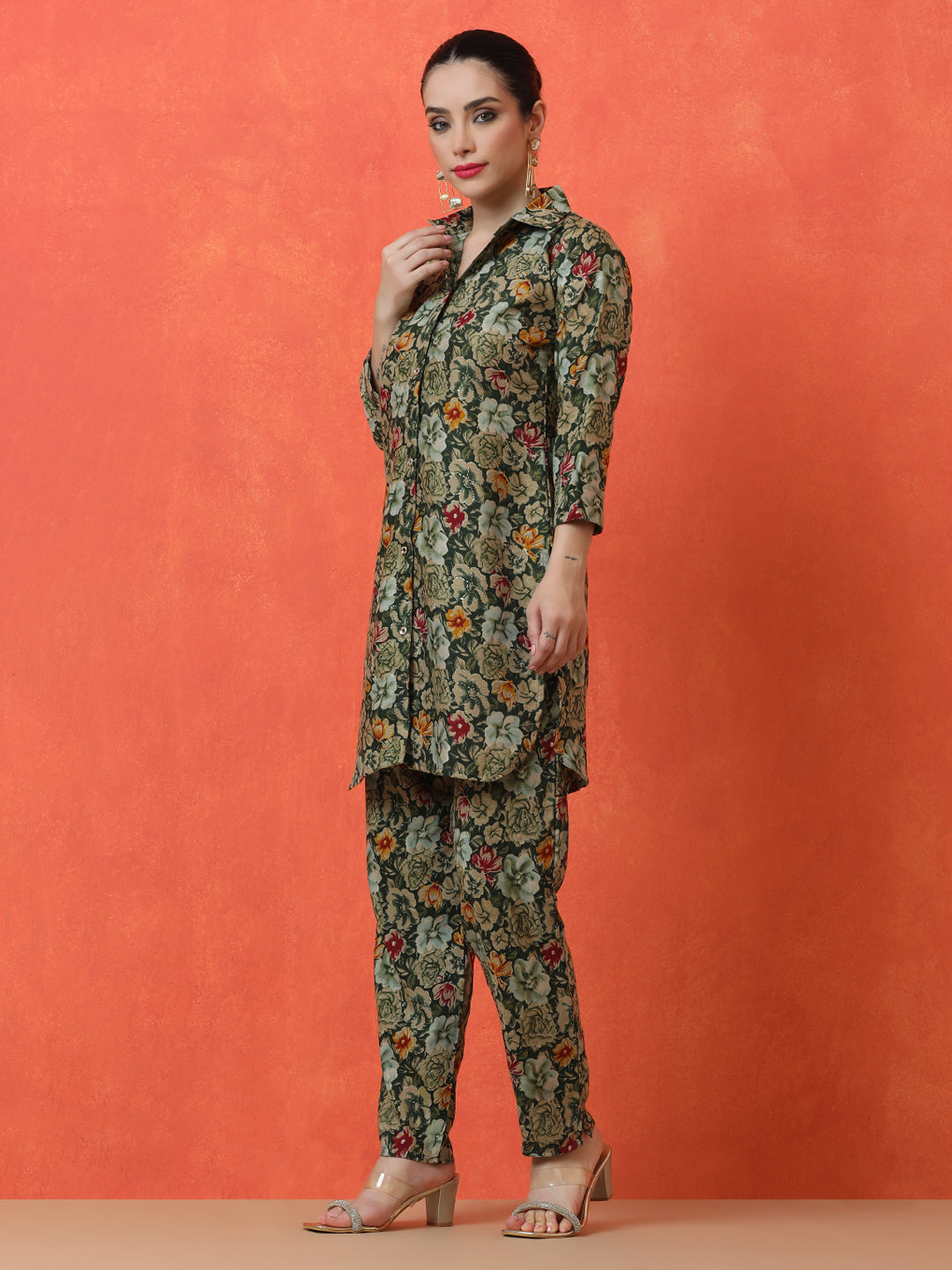 Floral Printed Straight Cotton Blend Top & Trousers Sets