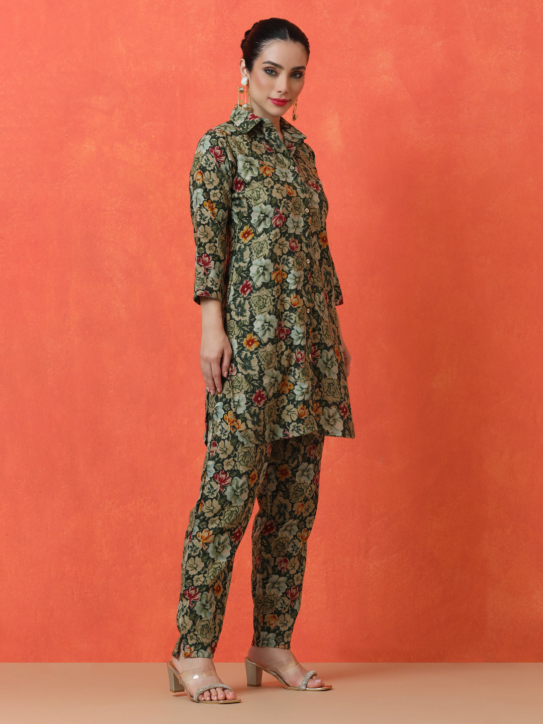 Floral Printed Straight Cotton Blend Top & Trousers Sets