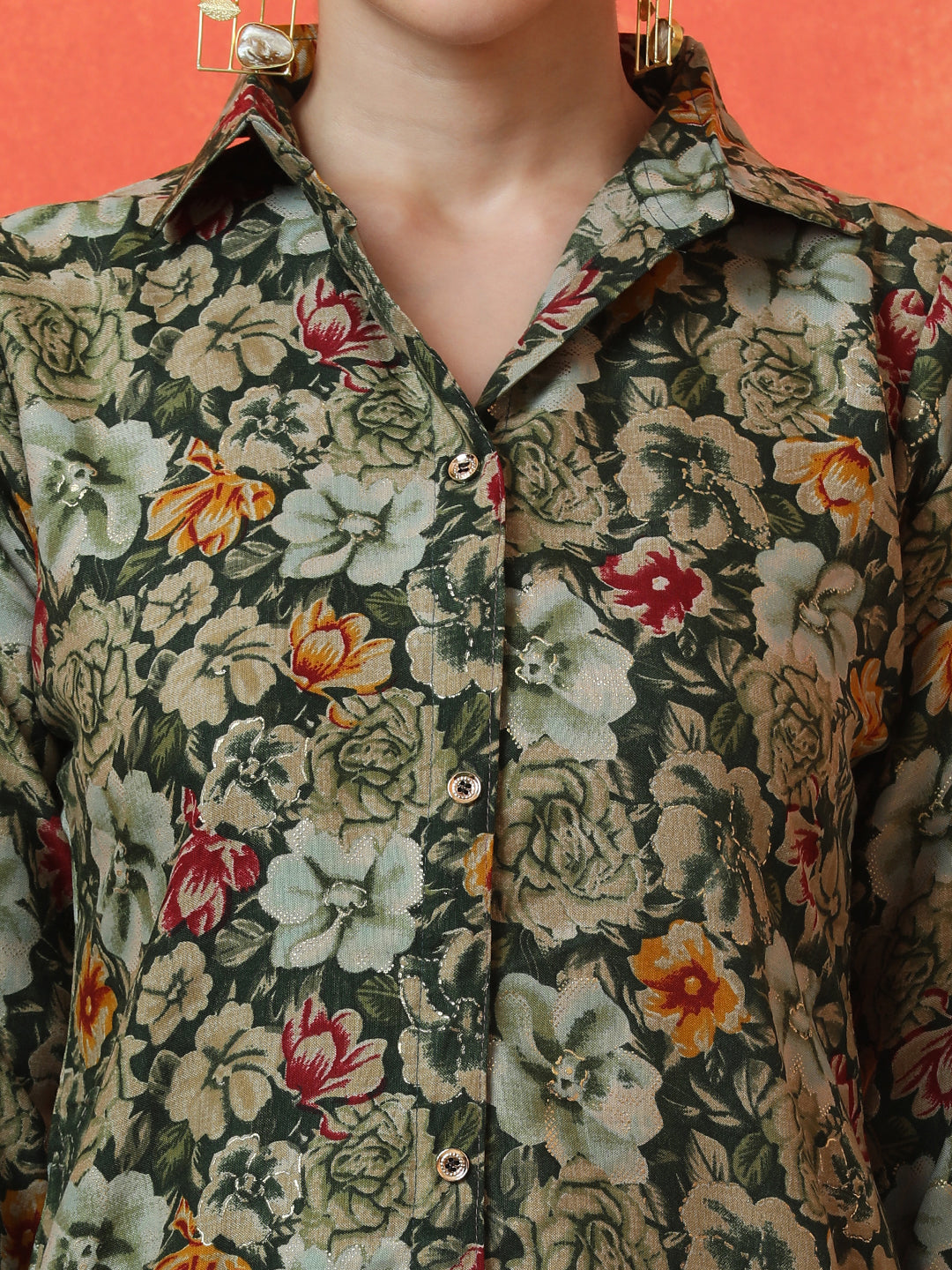 Floral Printed Straight Cotton Blend Top & Trousers Sets