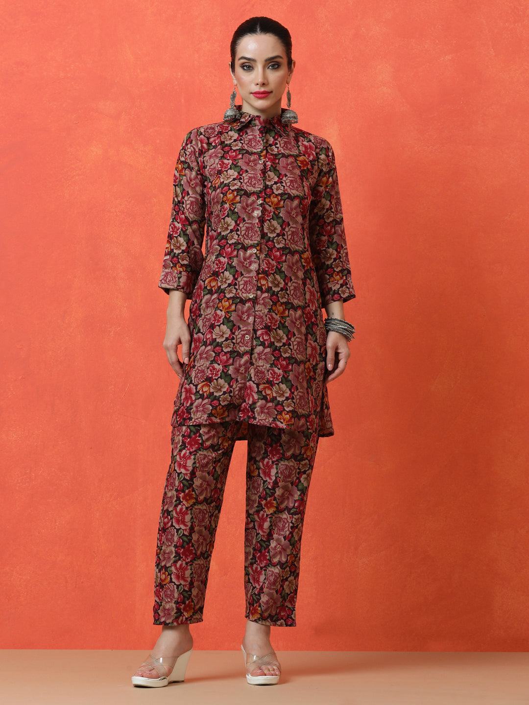 Floral Printed Straight Cotton Blend Top & Trousers Sets