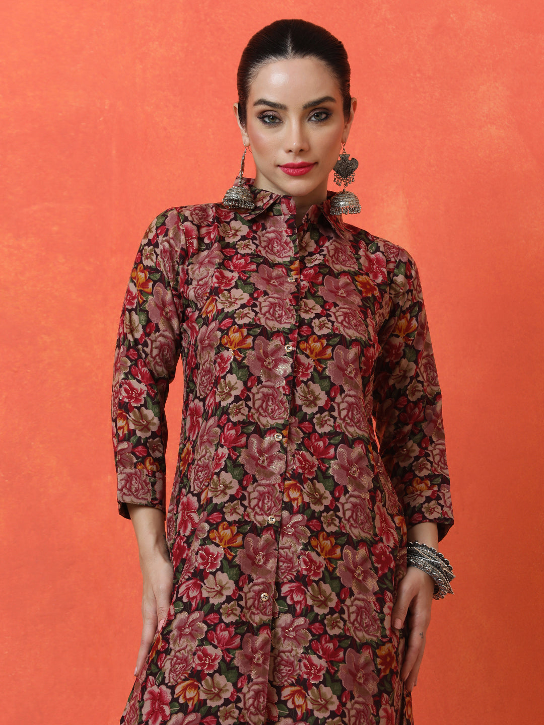Floral Printed Straight Cotton Blend Top & Trousers Sets