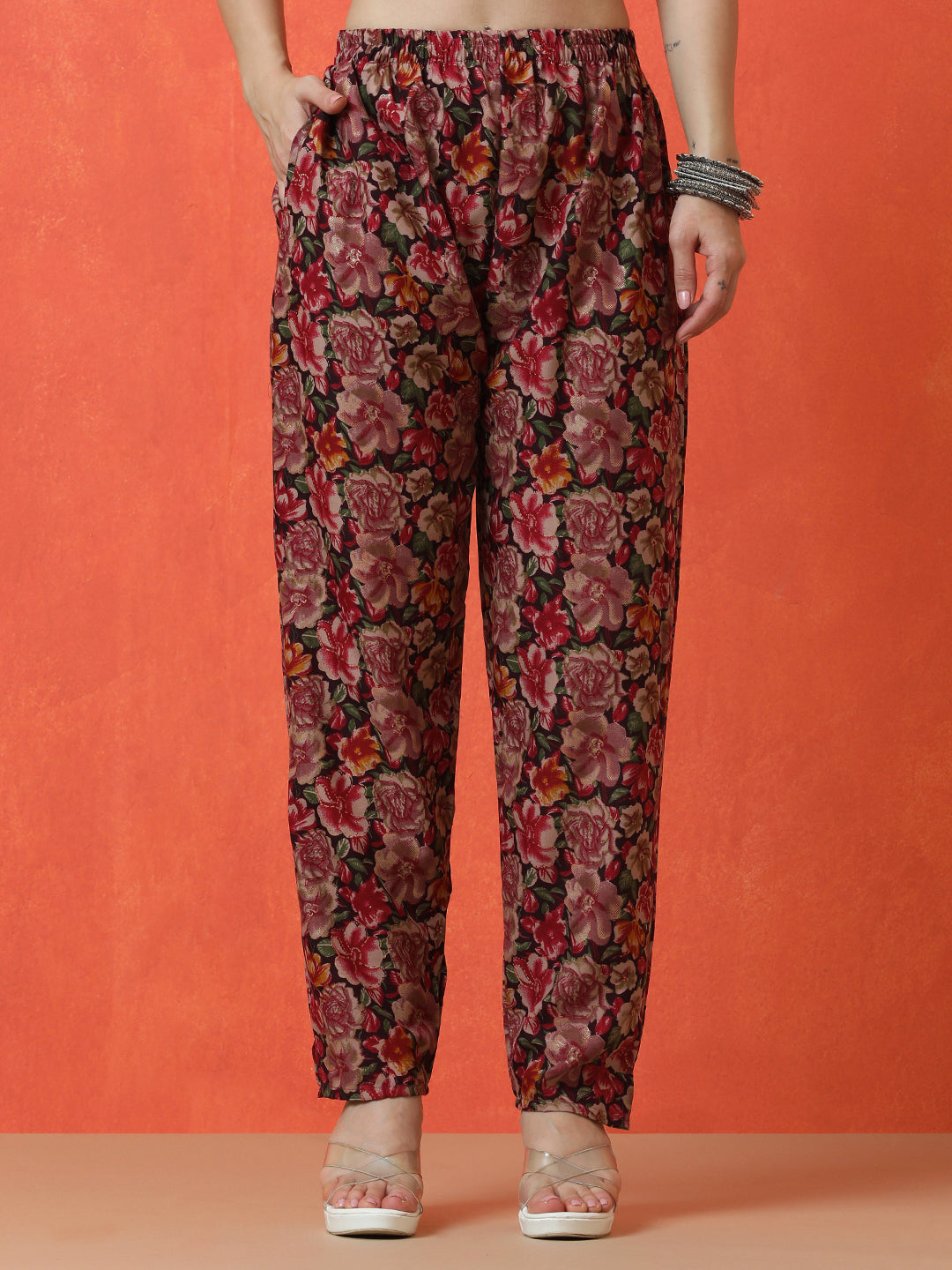 Floral Printed Straight Cotton Blend Top & Trousers Sets