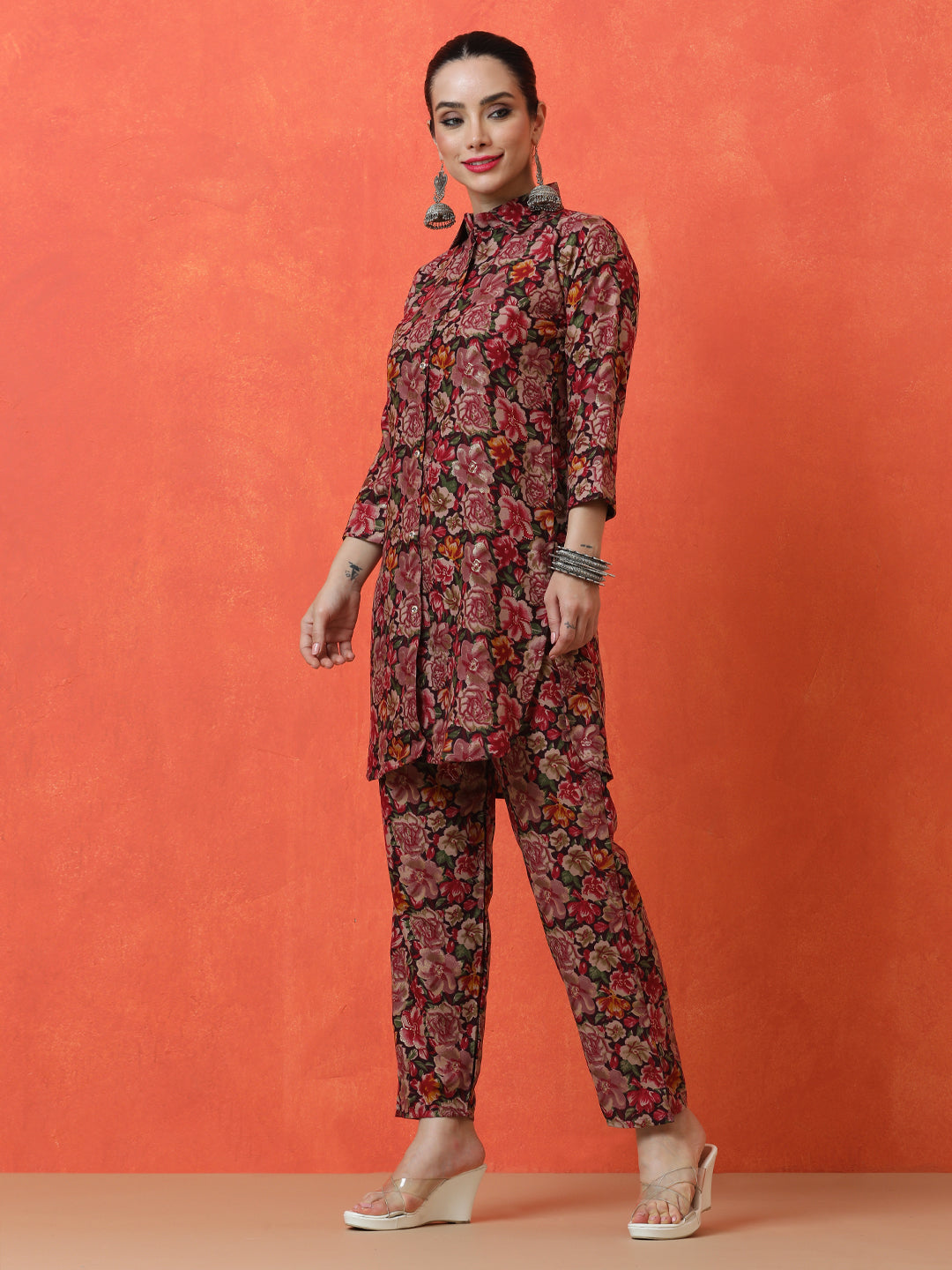 Floral Printed Straight Cotton Blend Top & Trousers Sets