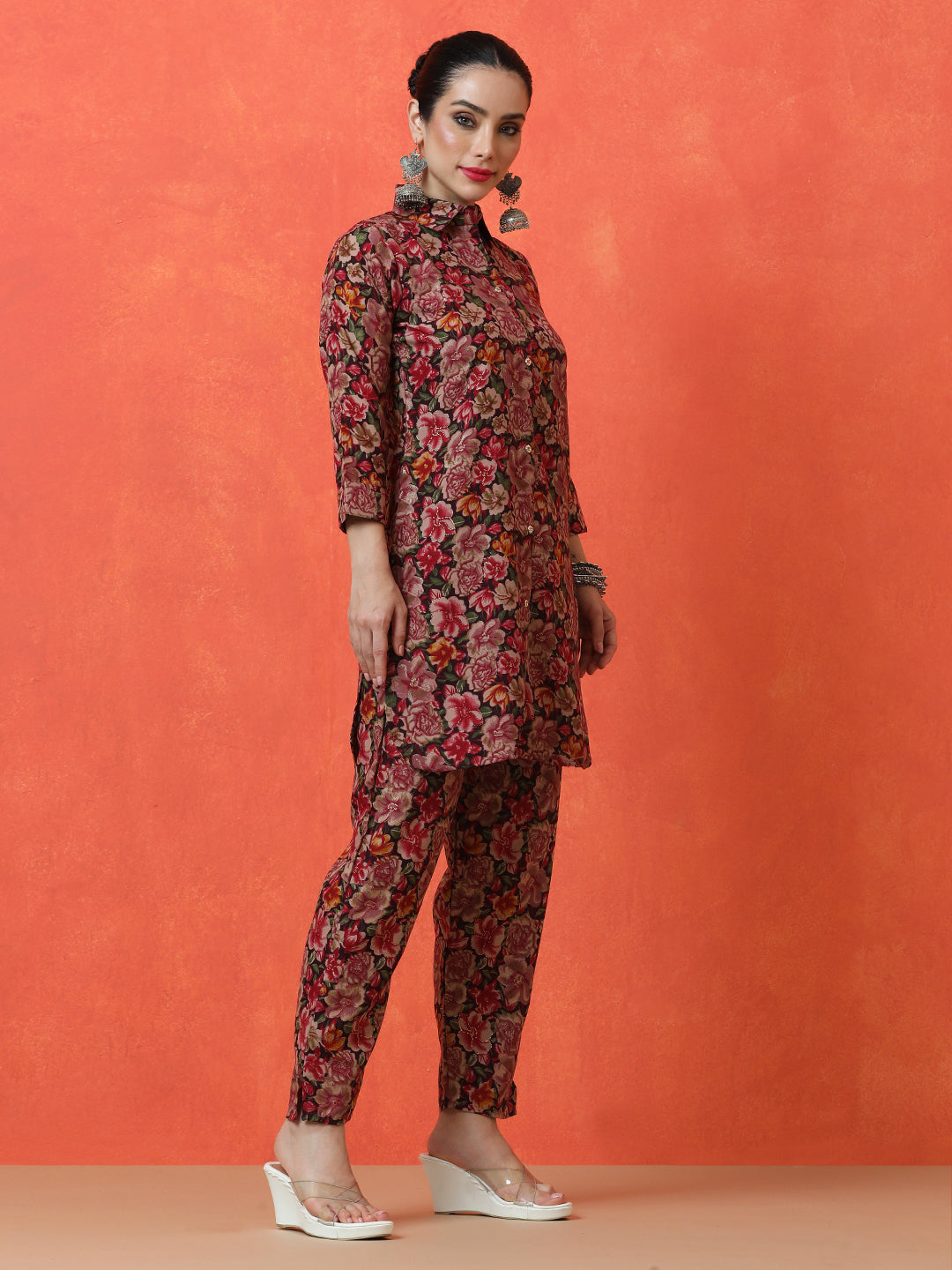 Floral Printed Straight Cotton Blend Top & Trousers Sets