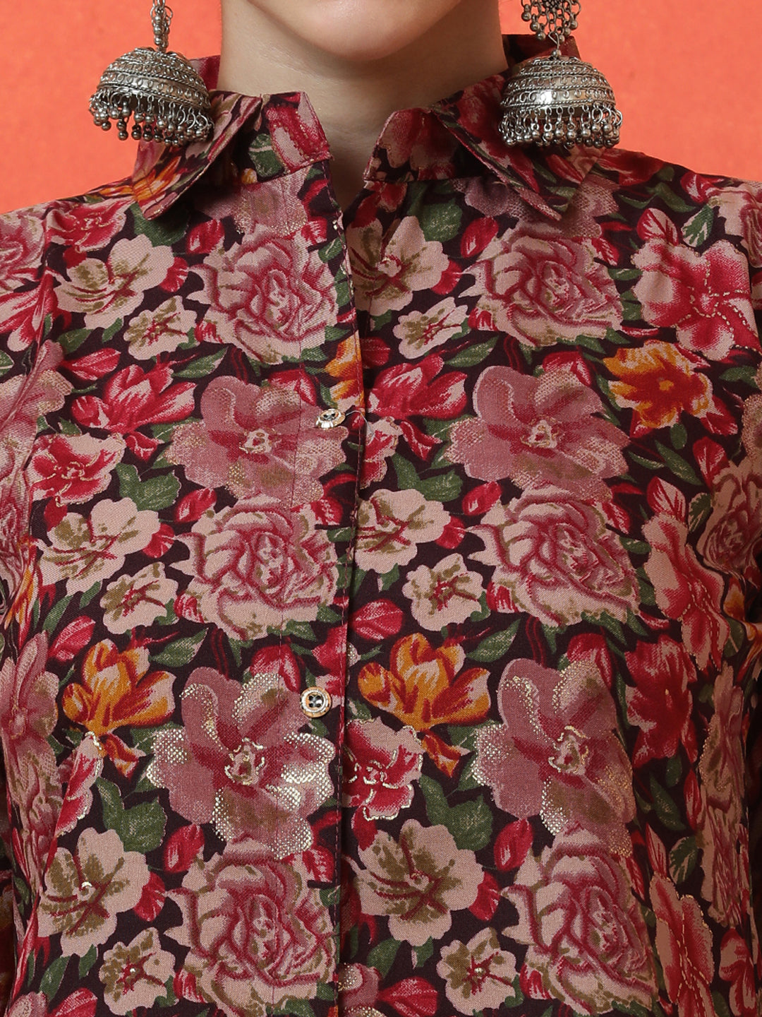 Floral Printed Straight Cotton Blend Top & Trousers Sets