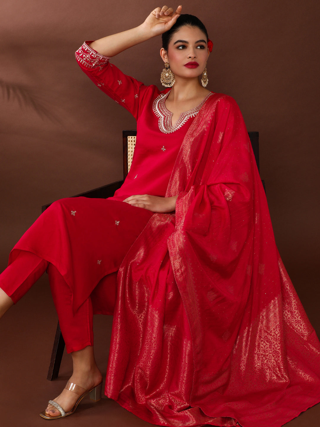 Solid Embroidered Chanderi Silk Kurta & Trousers Sets