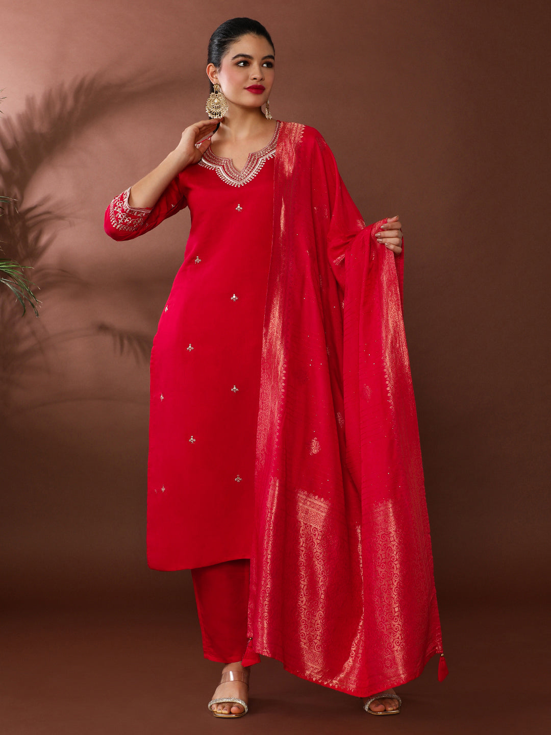 Solid Embroidered Chanderi Silk Kurta & Trousers Sets