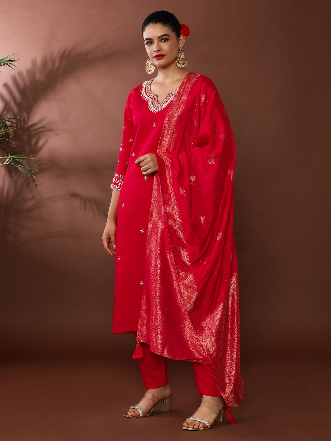 Solid Embroidered Chanderi Silk Kurta & Trousers Sets