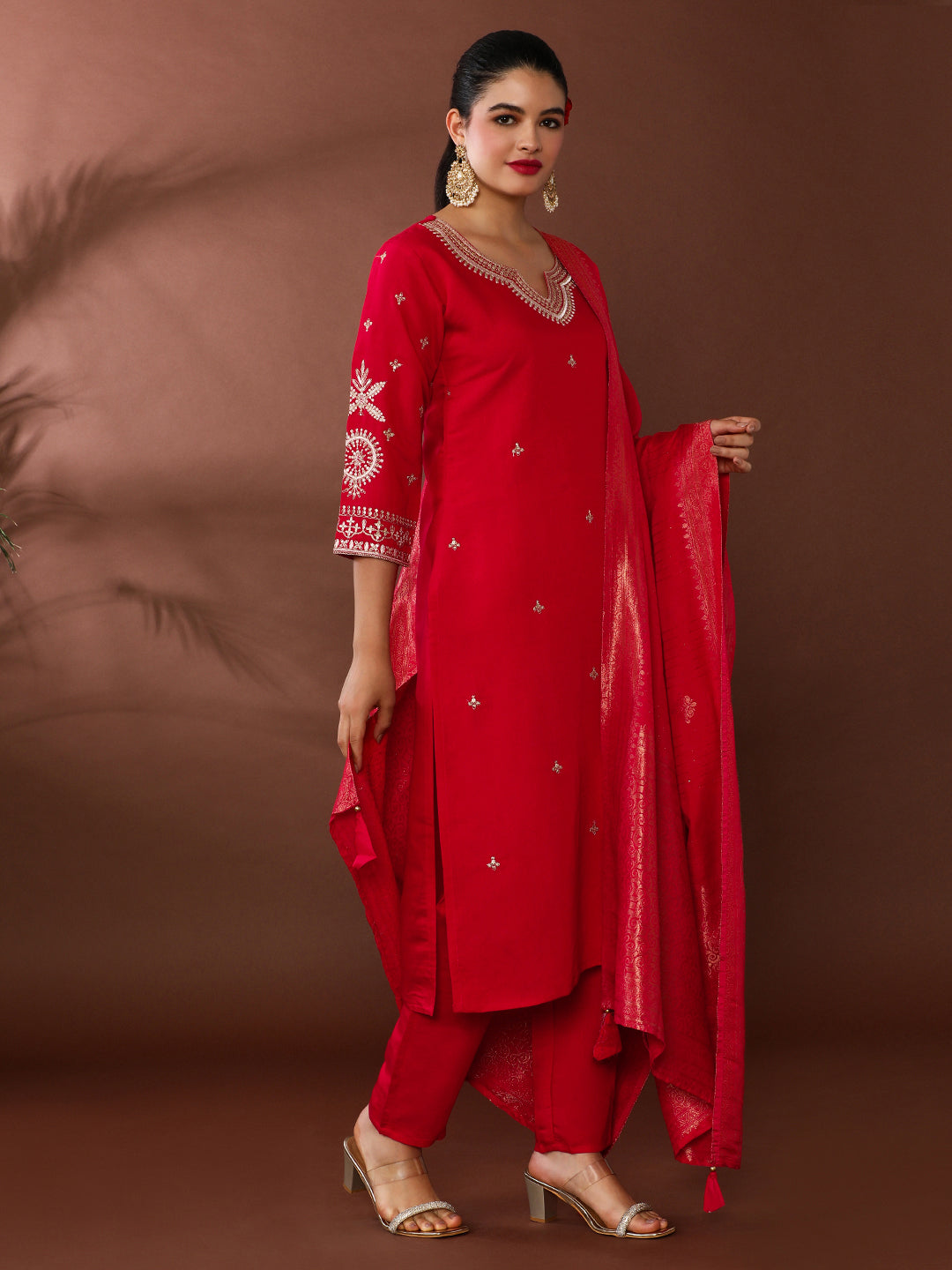 Solid Embroidered Chanderi Silk Kurta & Trousers Sets