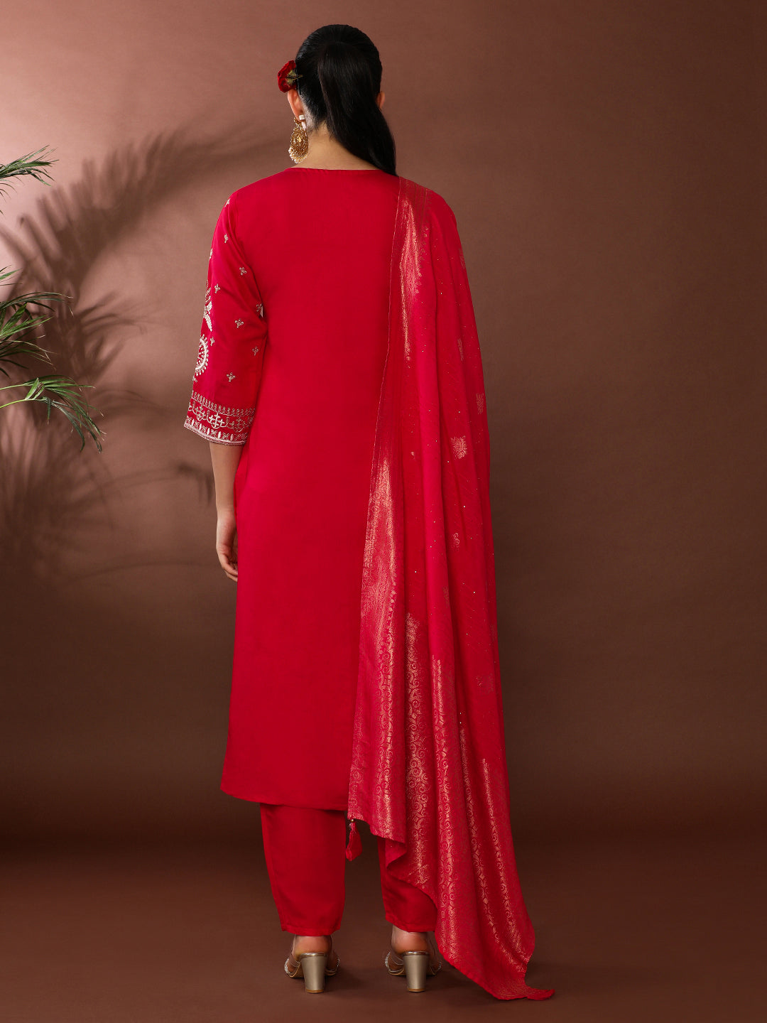 Solid Embroidered Chanderi Silk Kurta & Trousers Sets