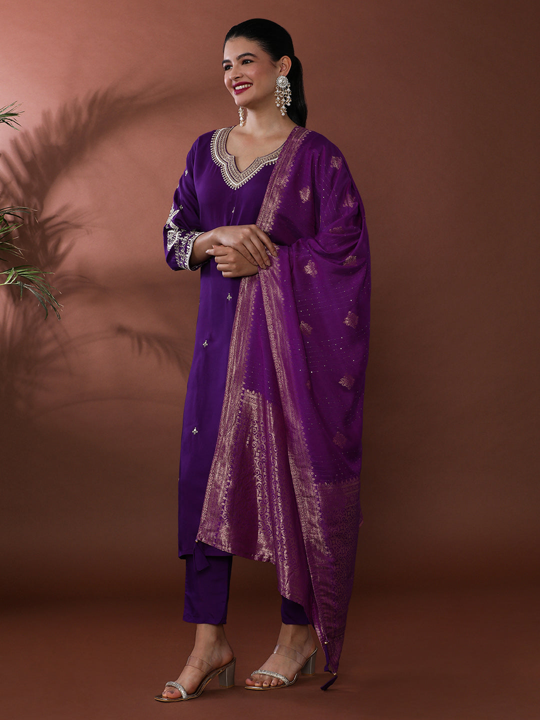 Solid Embroidered Chanderi Silk Kurta & Trousers Sets