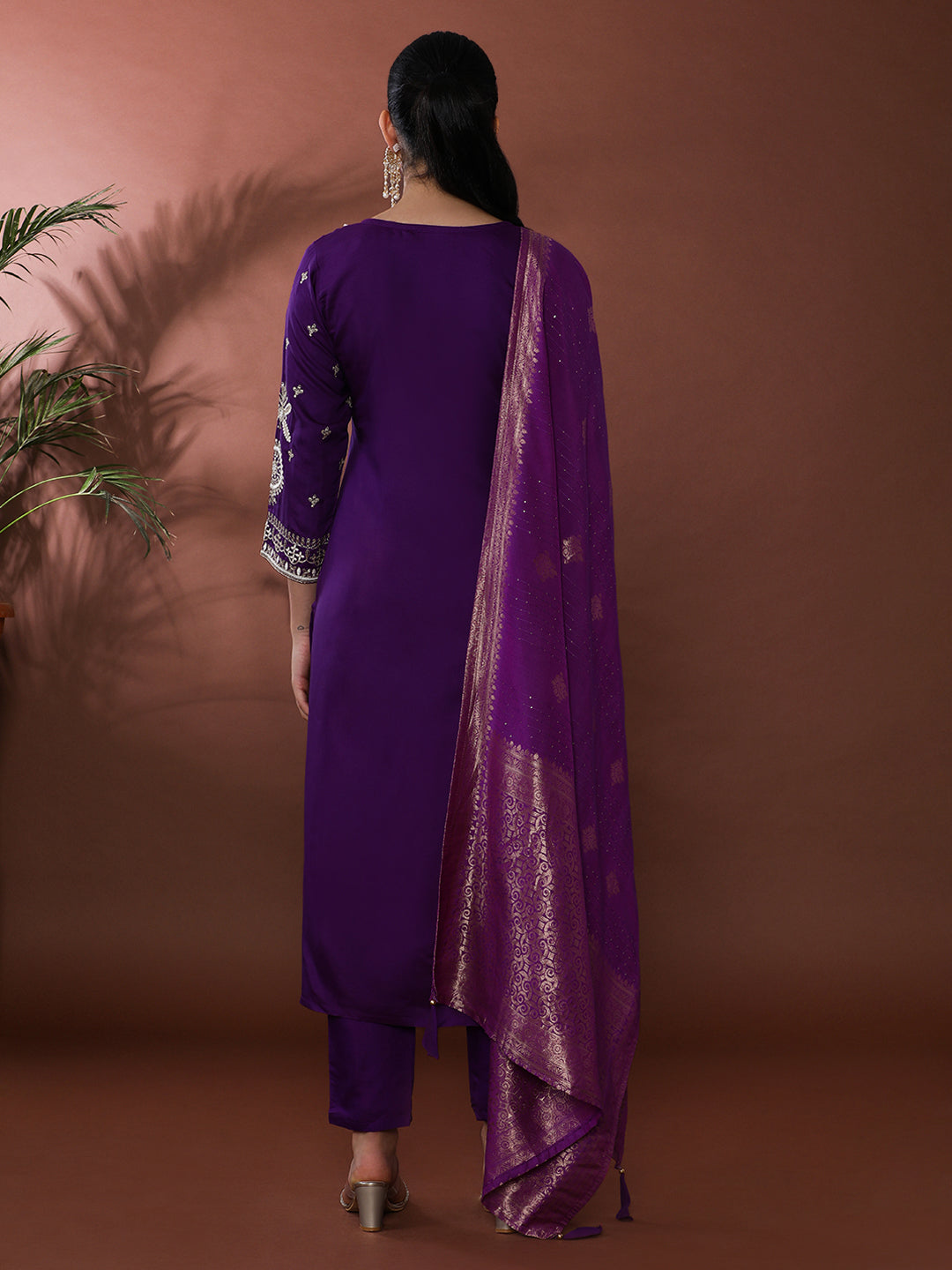 Solid Embroidered Chanderi Silk Kurta & Trousers Sets